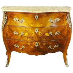 French Breche D' Alep Marble Top Inlaid Walnut Bombe Louis XV Commode circa 1920