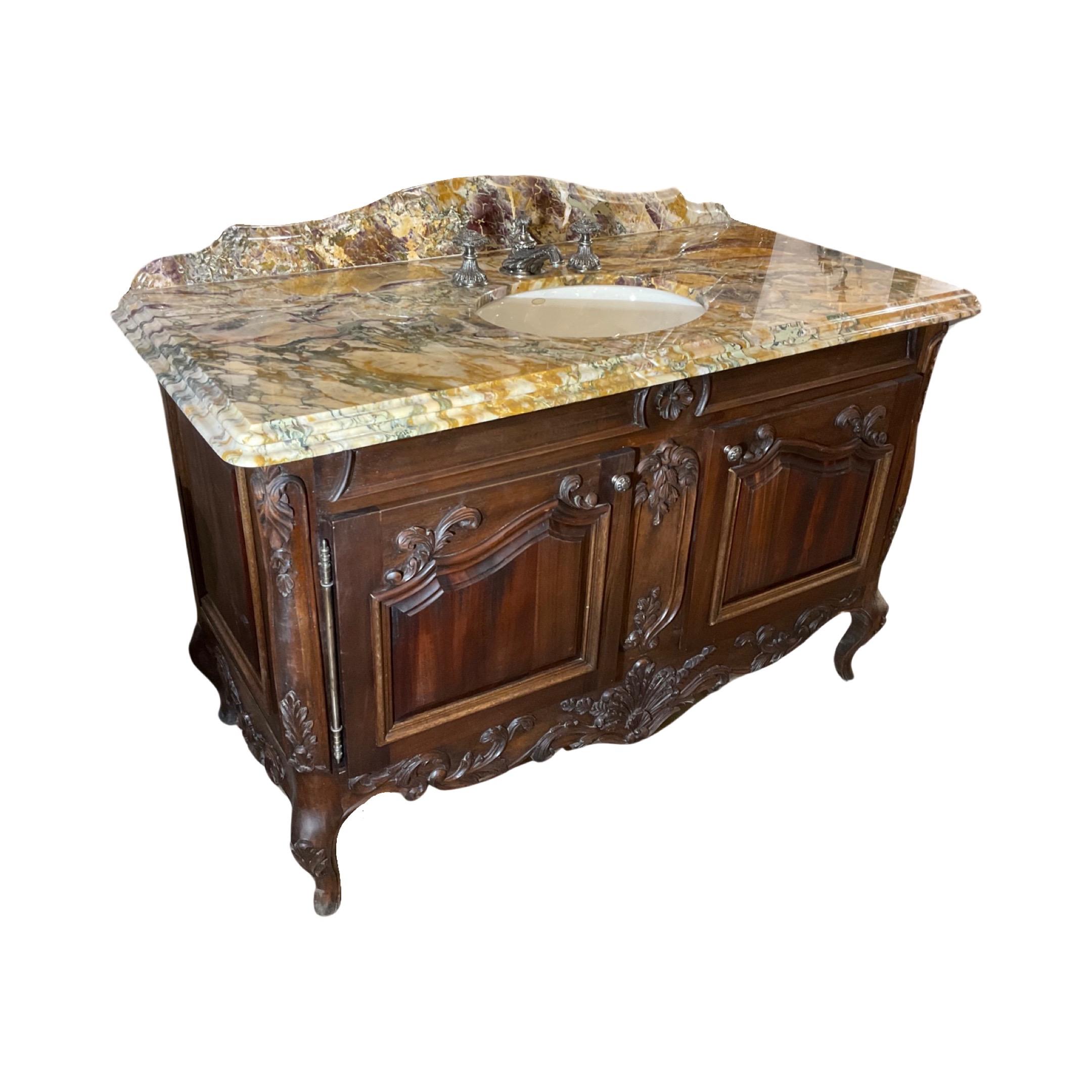 French Breche de Benou Jaune Marble and Walnut Sink In Good Condition For Sale In Dallas, TX