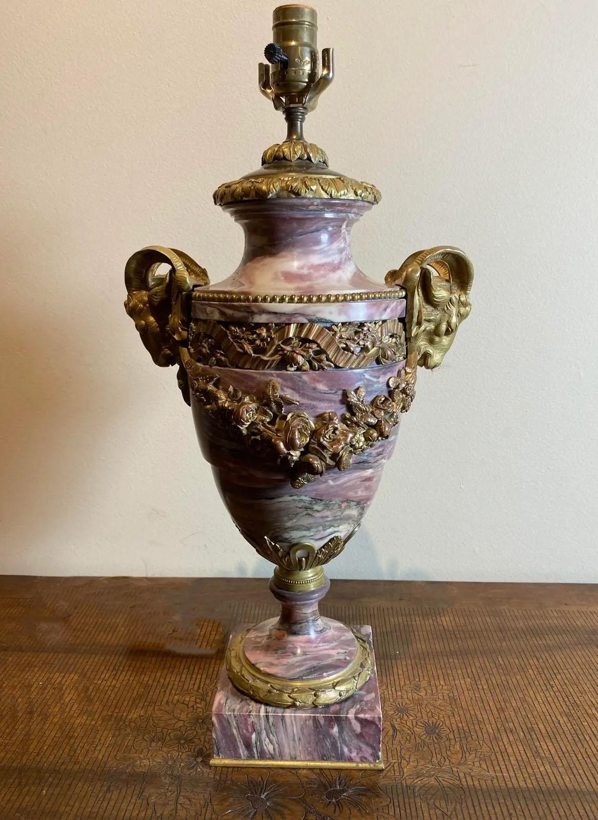 Late 19th Century French Breche Violette Marble Urn Lamp with Gilt Rams Head and Swags For Sale