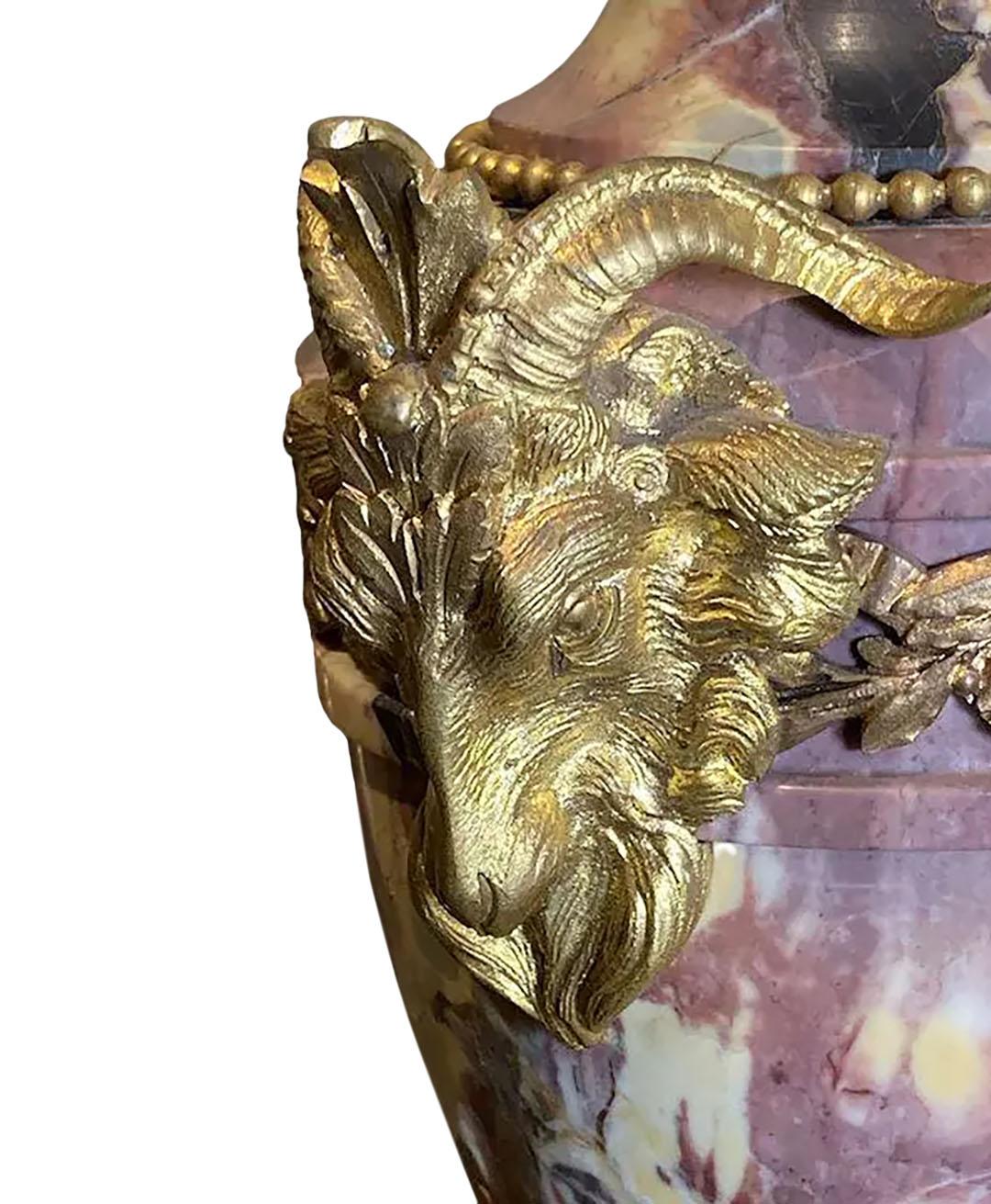 Mid-19th Century French Breche Violette Marble Urns with Gilt Rams Heads and Swags For Sale