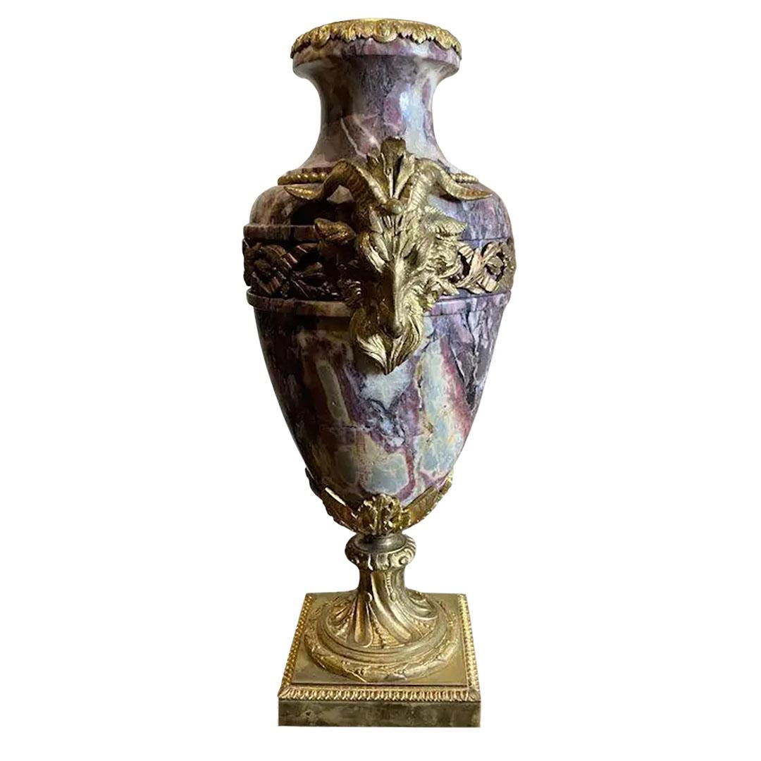 Bronze French Breche Violette Marble Urns with Gilt Rams Heads and Swags For Sale