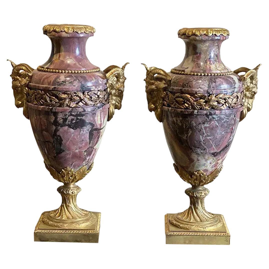 French Breche Violette Marble Urns with Gilt Rams Heads and Swags For Sale