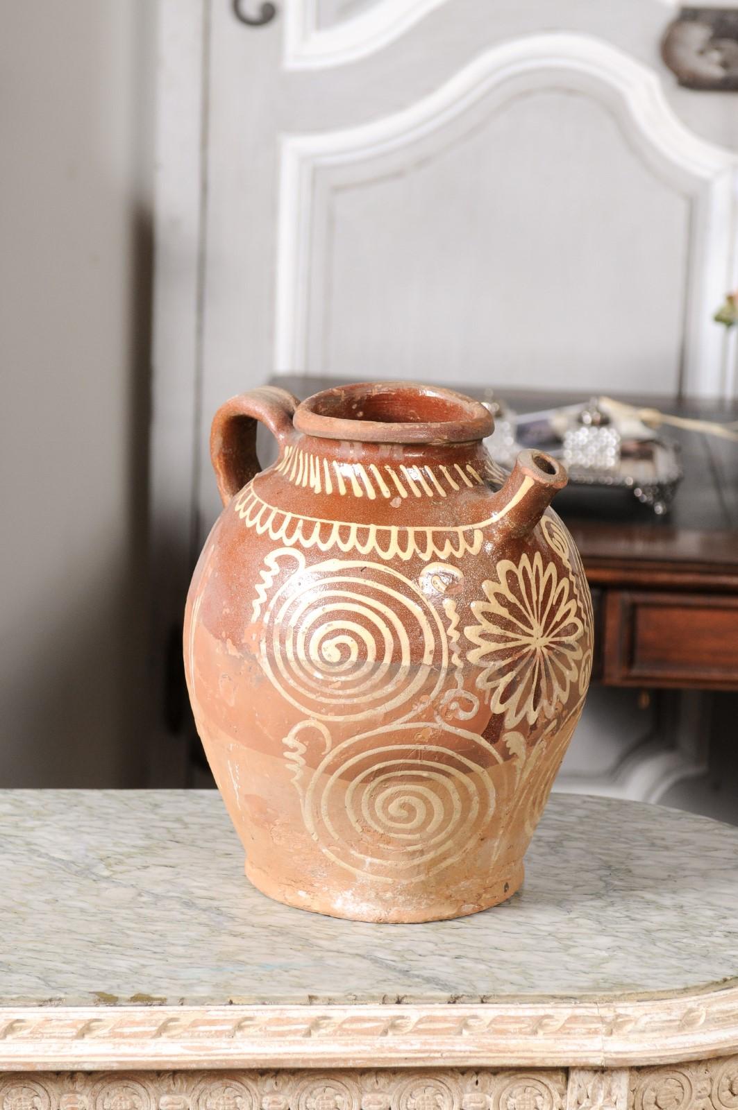 French Bressane 19th Century Glazed Pottery Jug with Glazed Geometric Motifs In Good Condition For Sale In Atlanta, GA