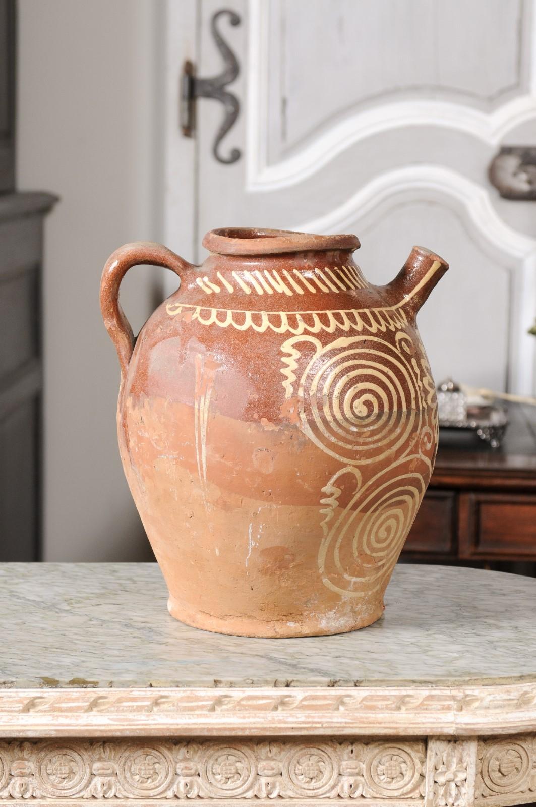 French Bressane 19th Century Glazed Pottery Jug with Glazed Geometric Motifs For Sale 1