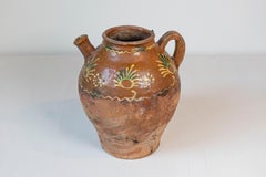 French Bressane 19th Century Glazed Pottery Jug with Soft Yellow Motifs
