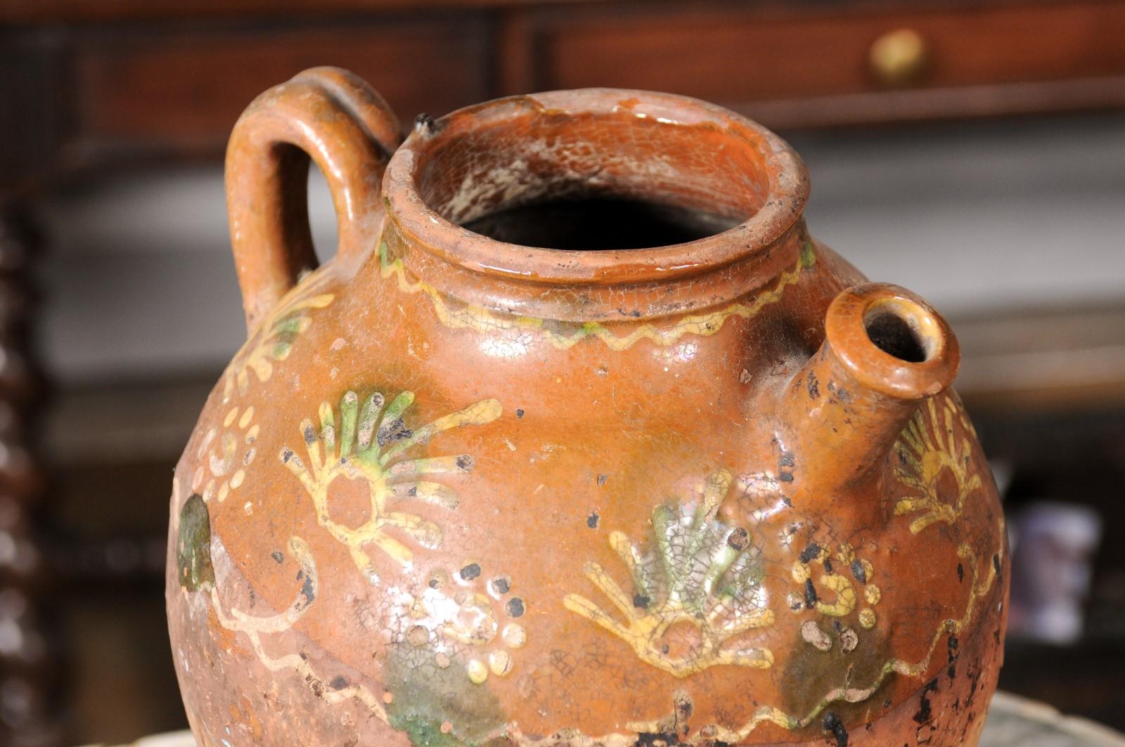 French Bressane 19th Century Glazed Pottery Jug with Soft Yellow Motifs For Sale 1