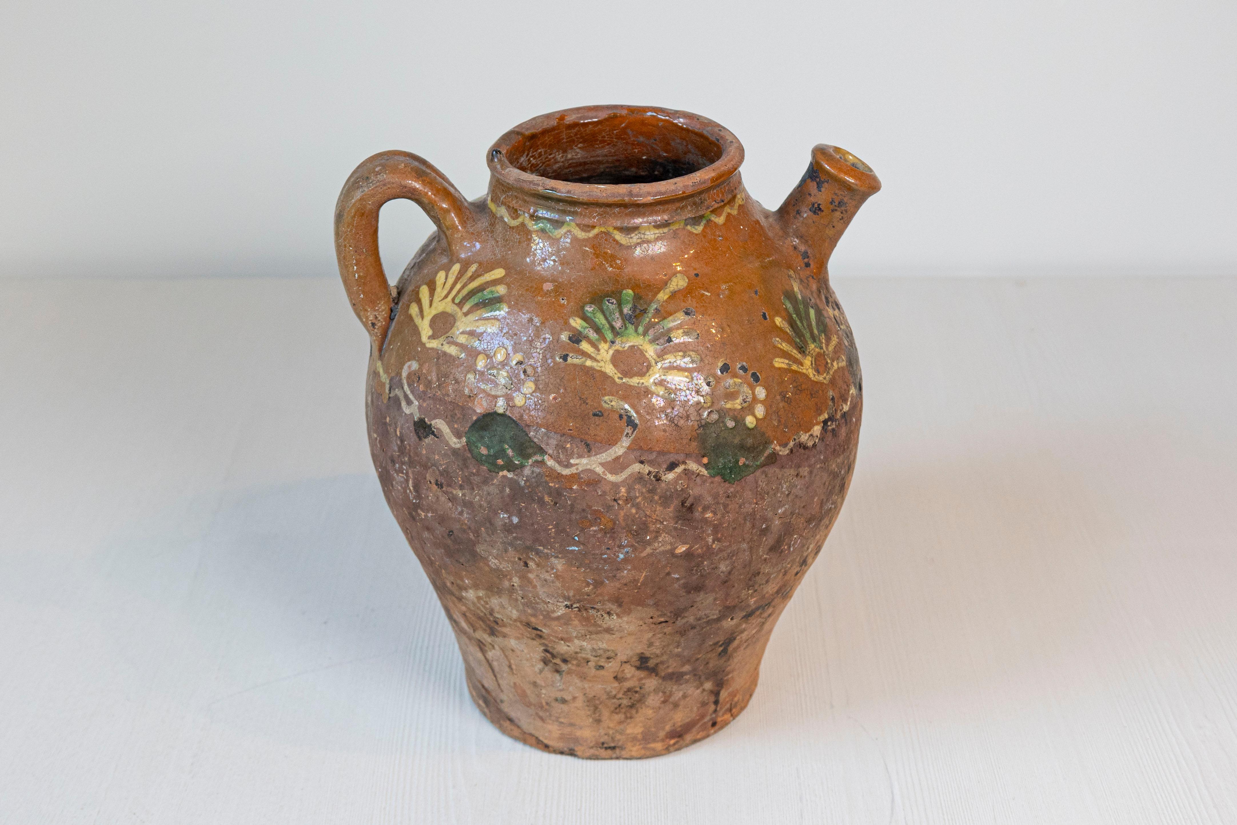 French Bressane 19th Century Glazed Pottery Jug with Soft Yellow Motifs 1