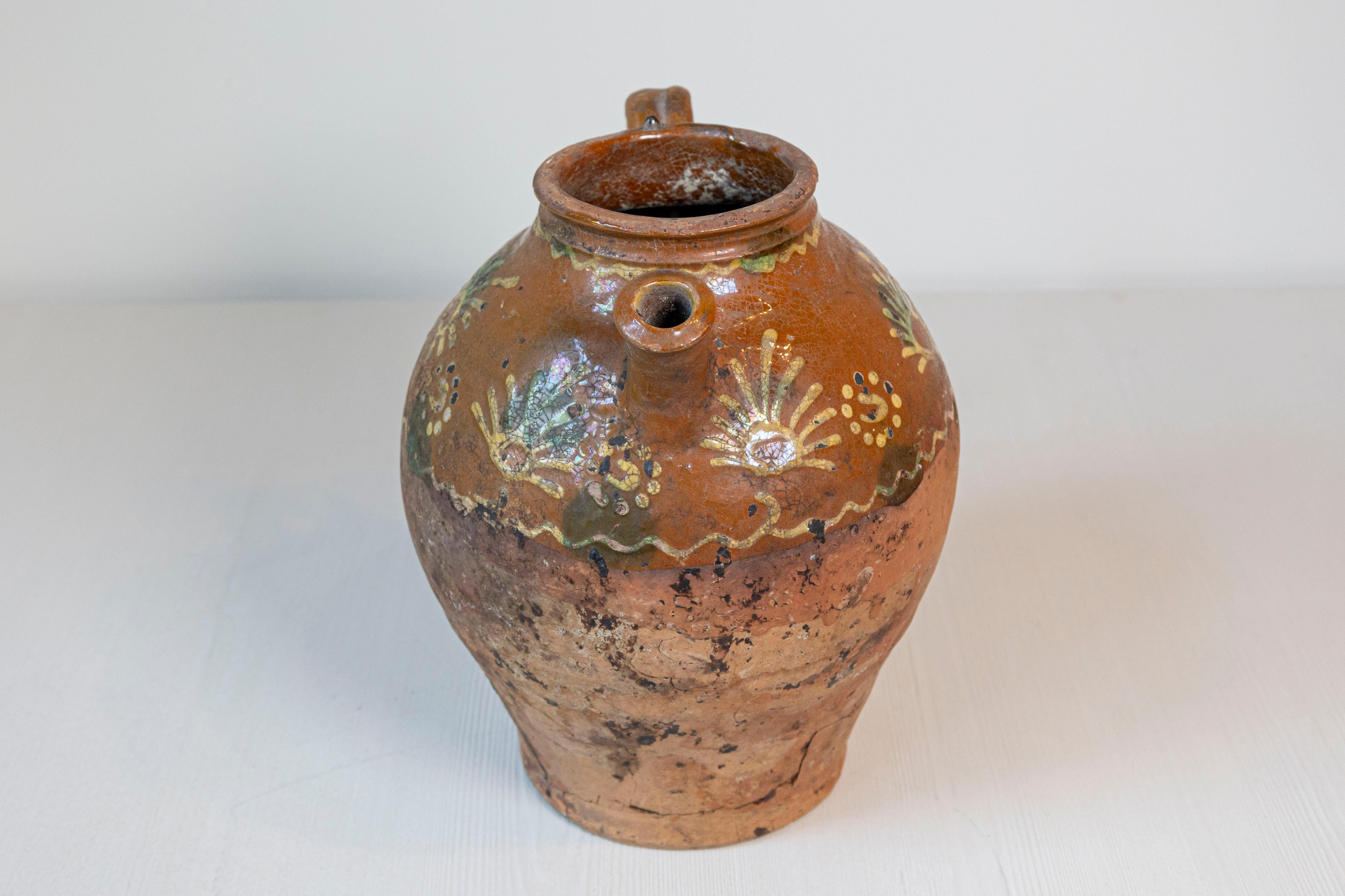 French Bressane 19th Century Glazed Pottery Jug with Soft Yellow Motifs 2