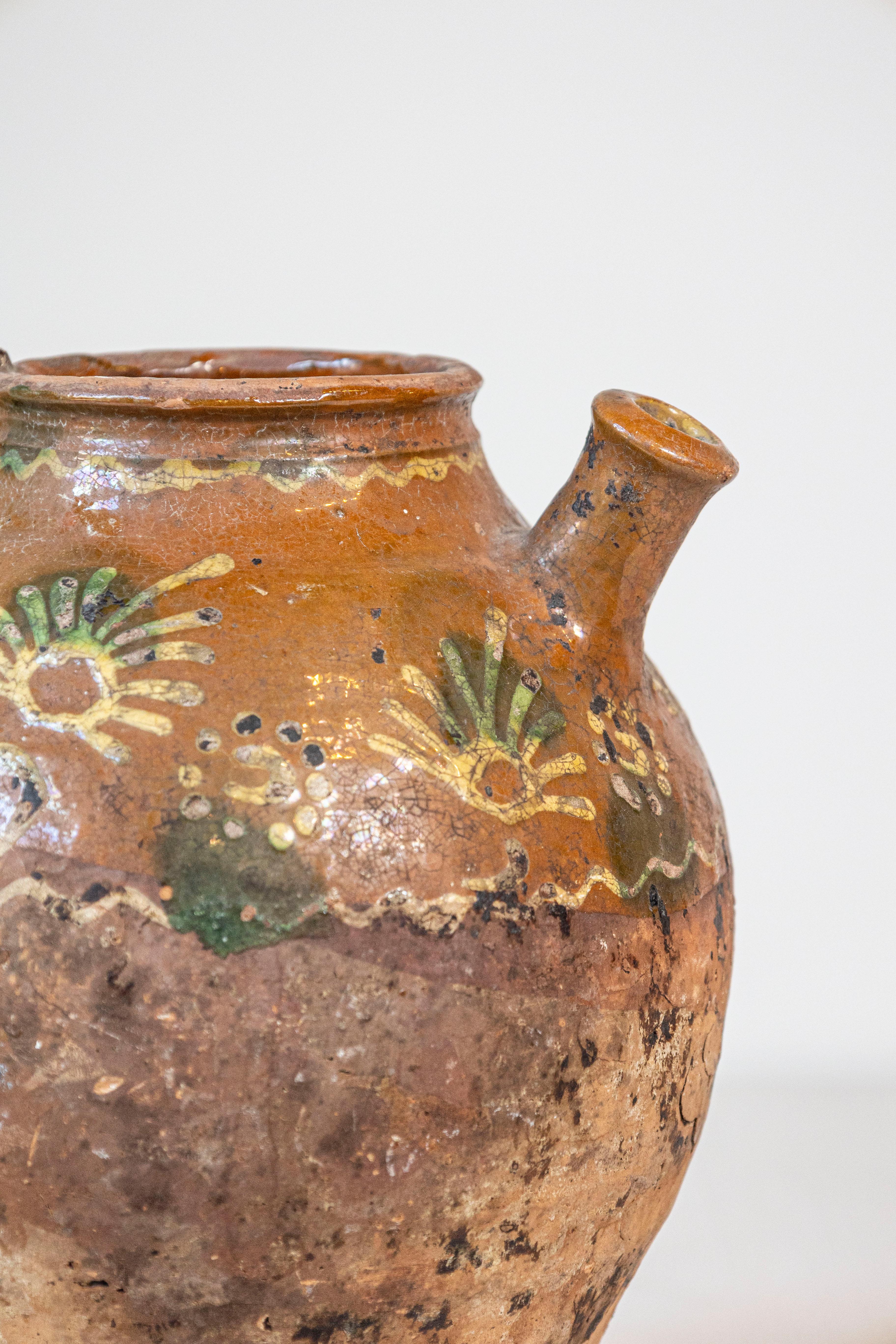 French Bressane 19th Century Glazed Pottery Jug with Soft Yellow Motifs 3