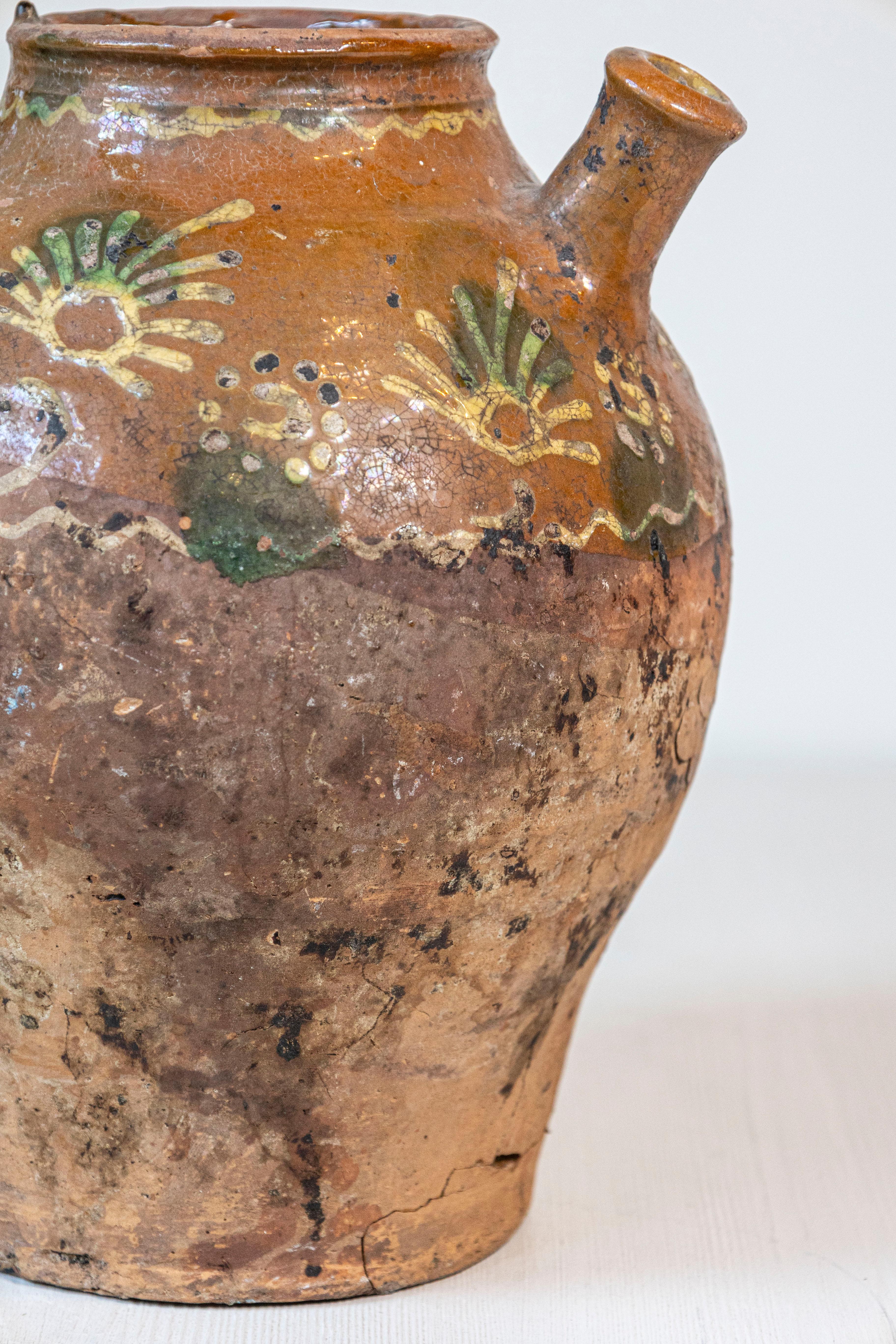 French Bressane 19th Century Glazed Pottery Jug with Soft Yellow Motifs 4