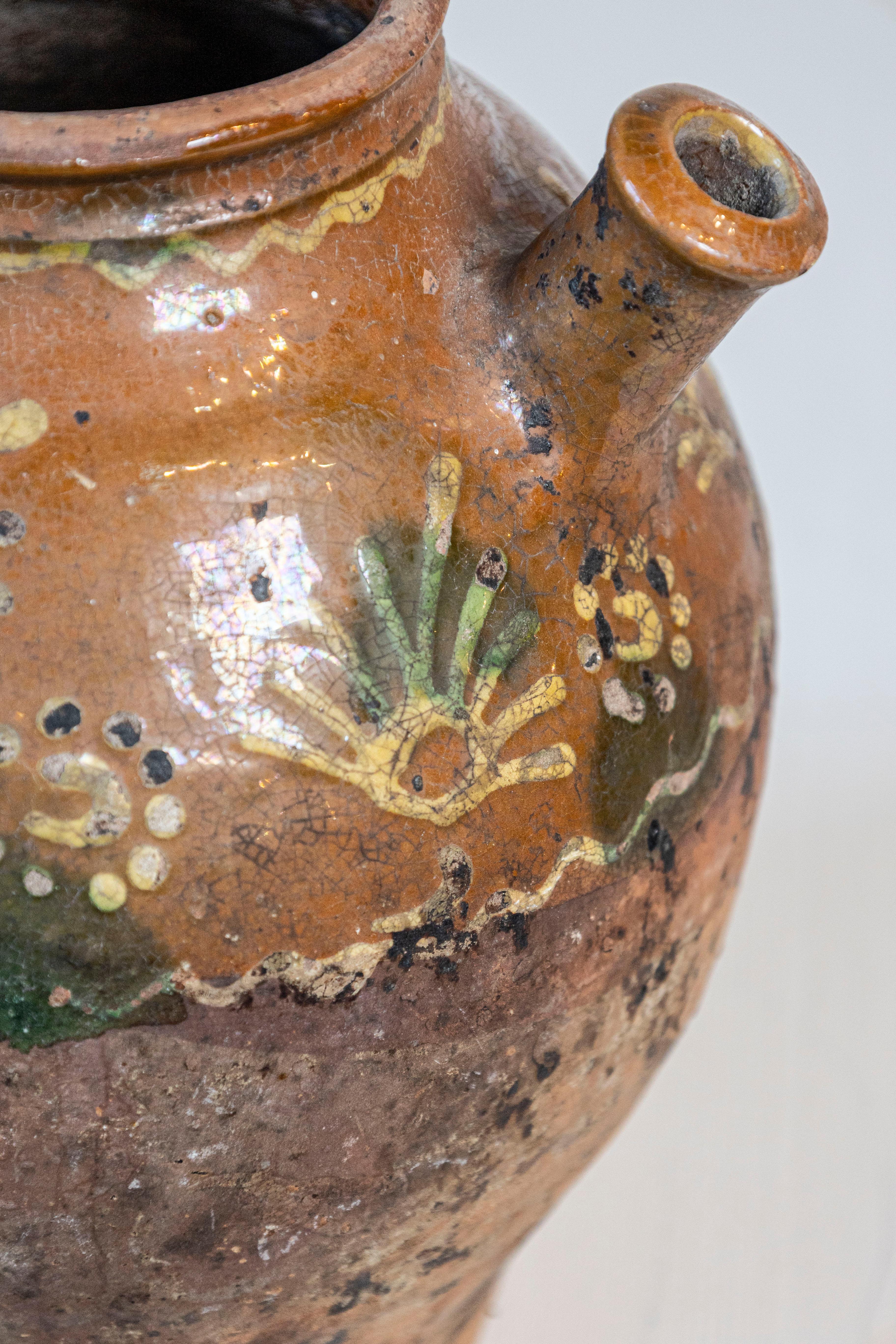 French Bressane 19th Century Glazed Pottery Jug with Soft Yellow Motifs 6