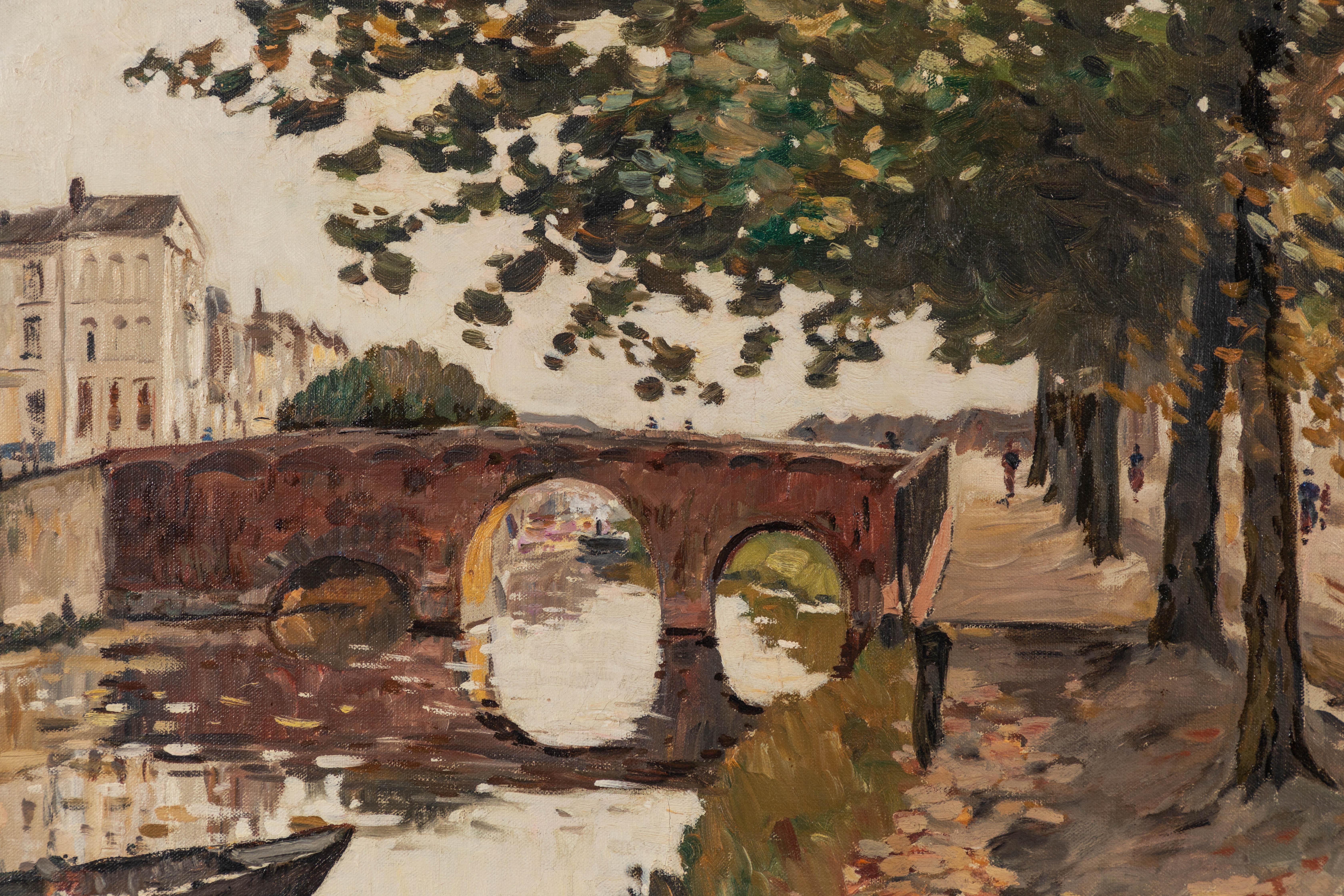 French painted bridge landscape with ornate frame.