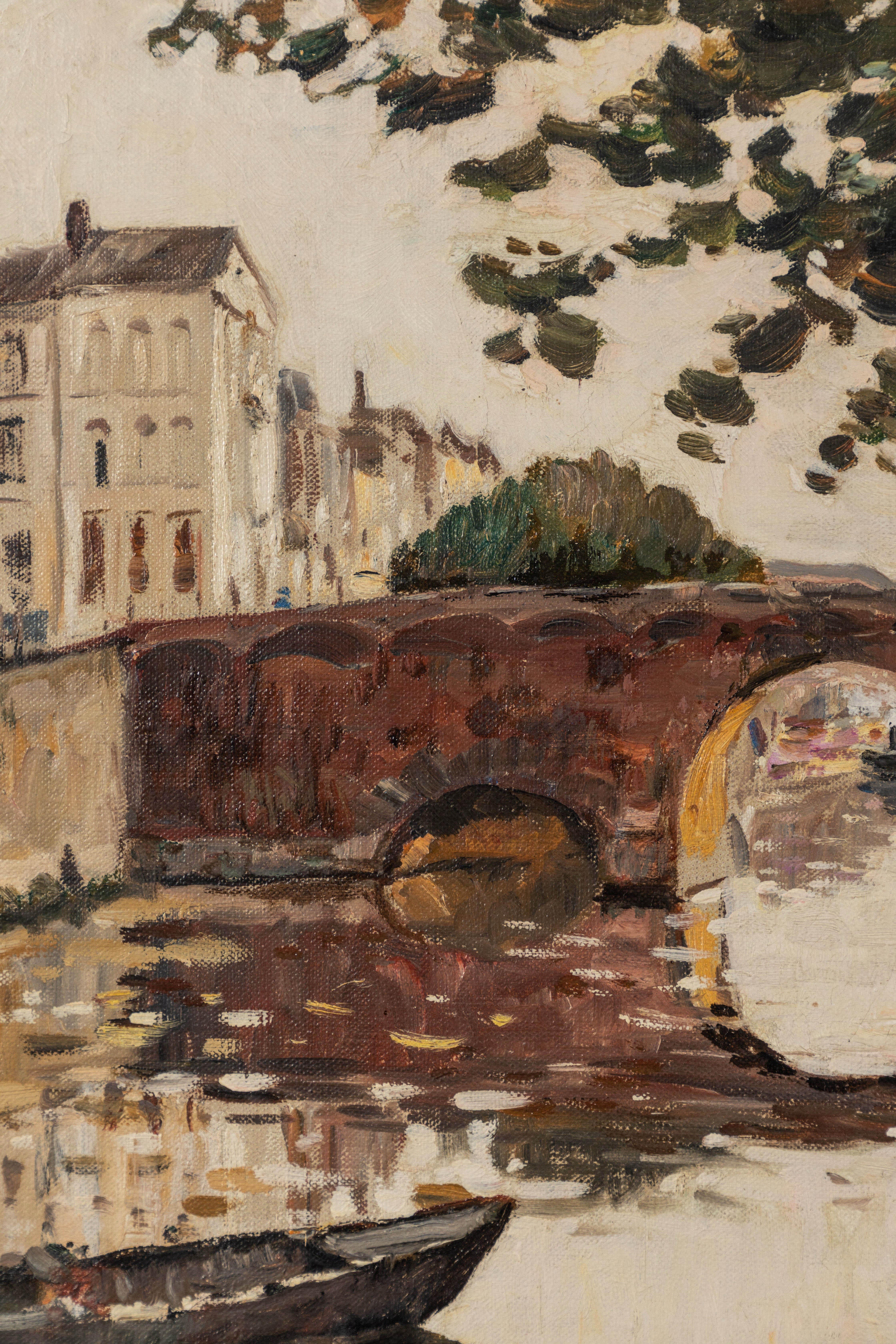 Mid-20th Century French Bridge Landscape with Original Ornate Frame 