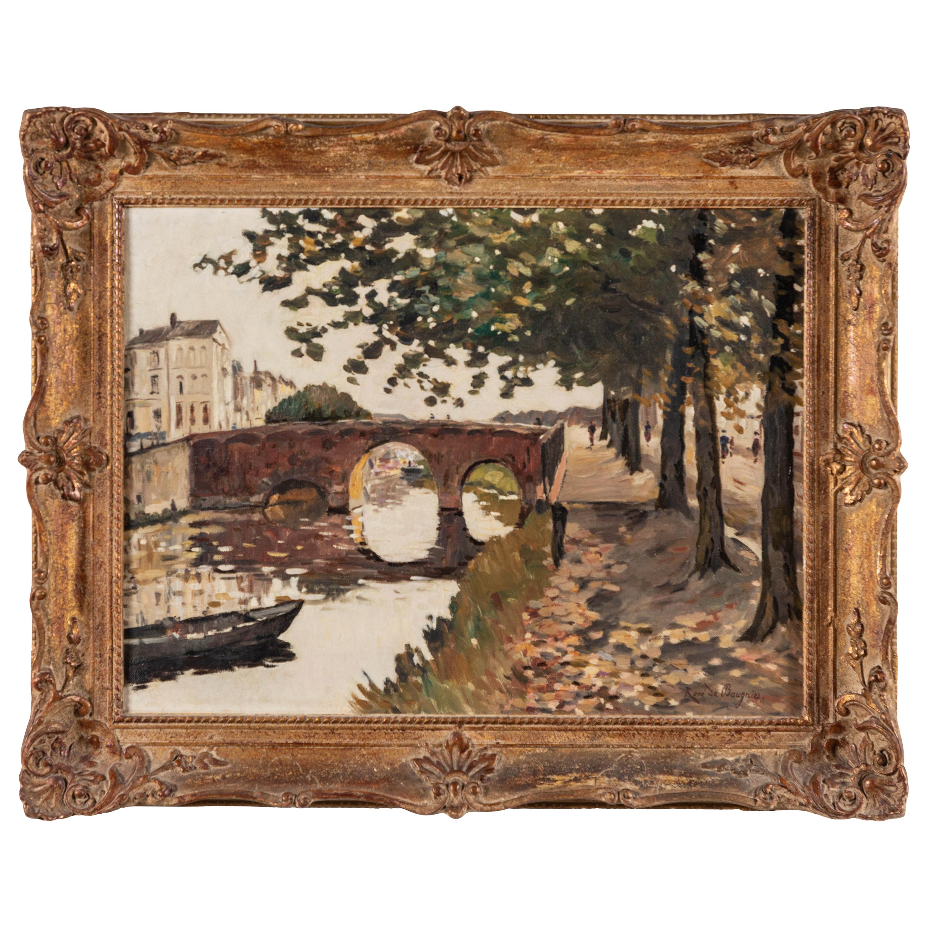 French Bridge Landscape with Original Ornate Frame 