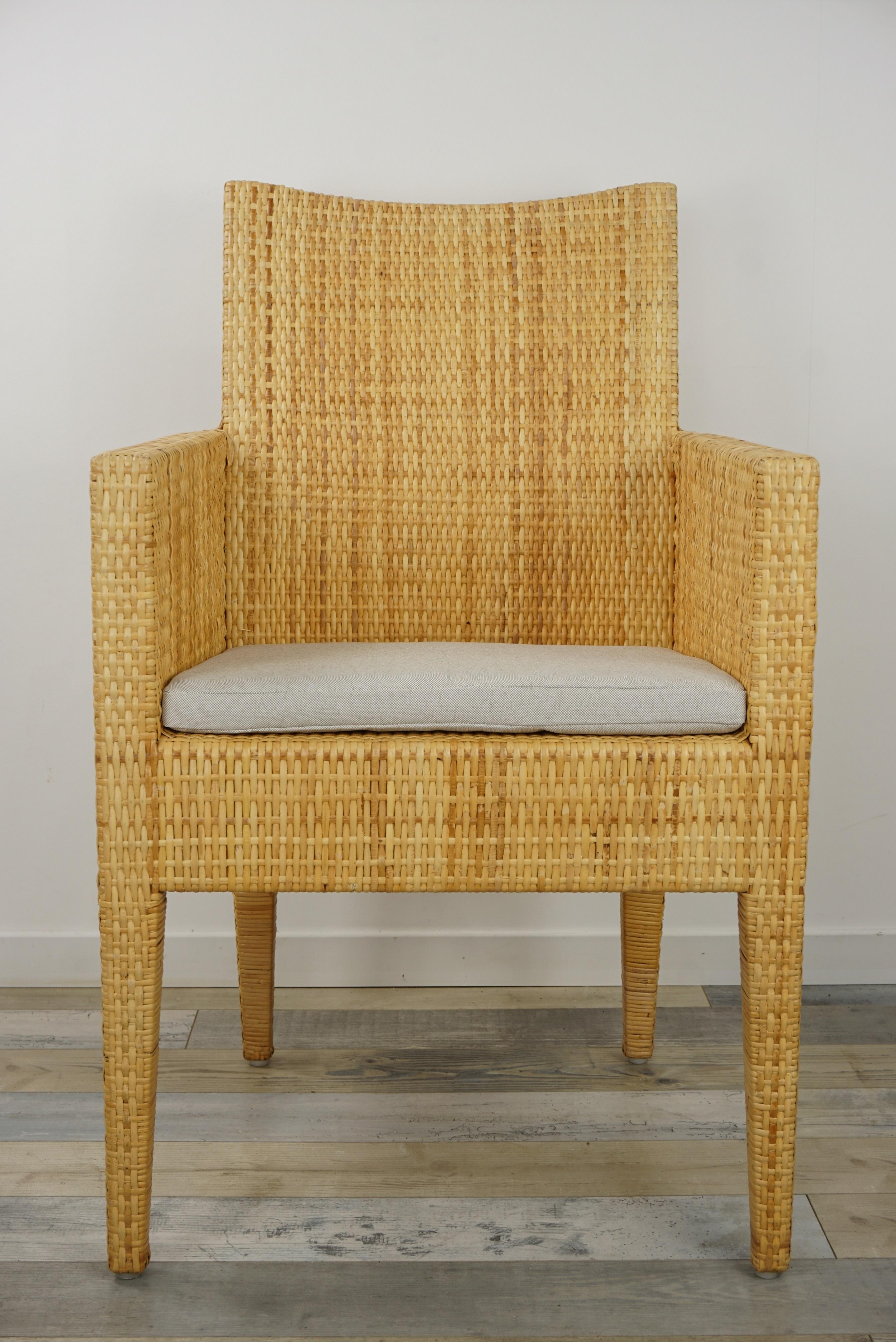 20th Century French Bridge Rattan Wicker Armchair For Sale