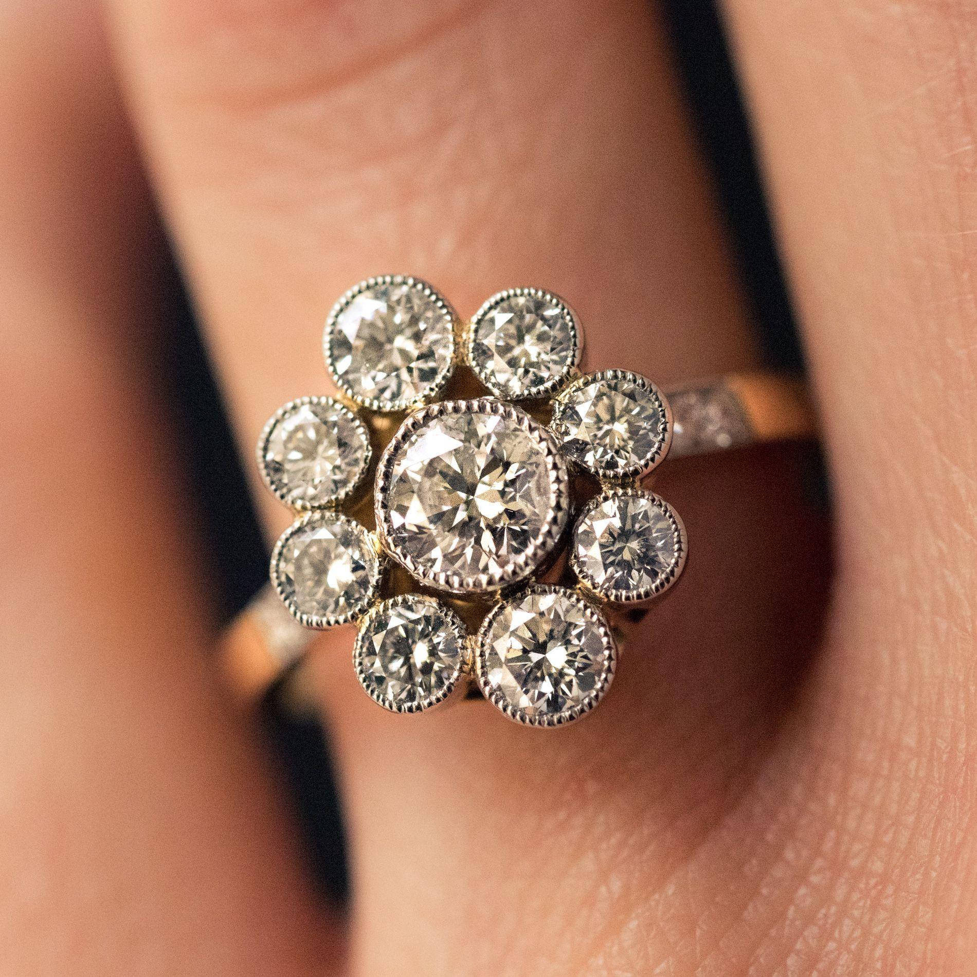 French Brilliant Cut Diamond Gold Platinum Cluster Engagement Ring For Sale 5