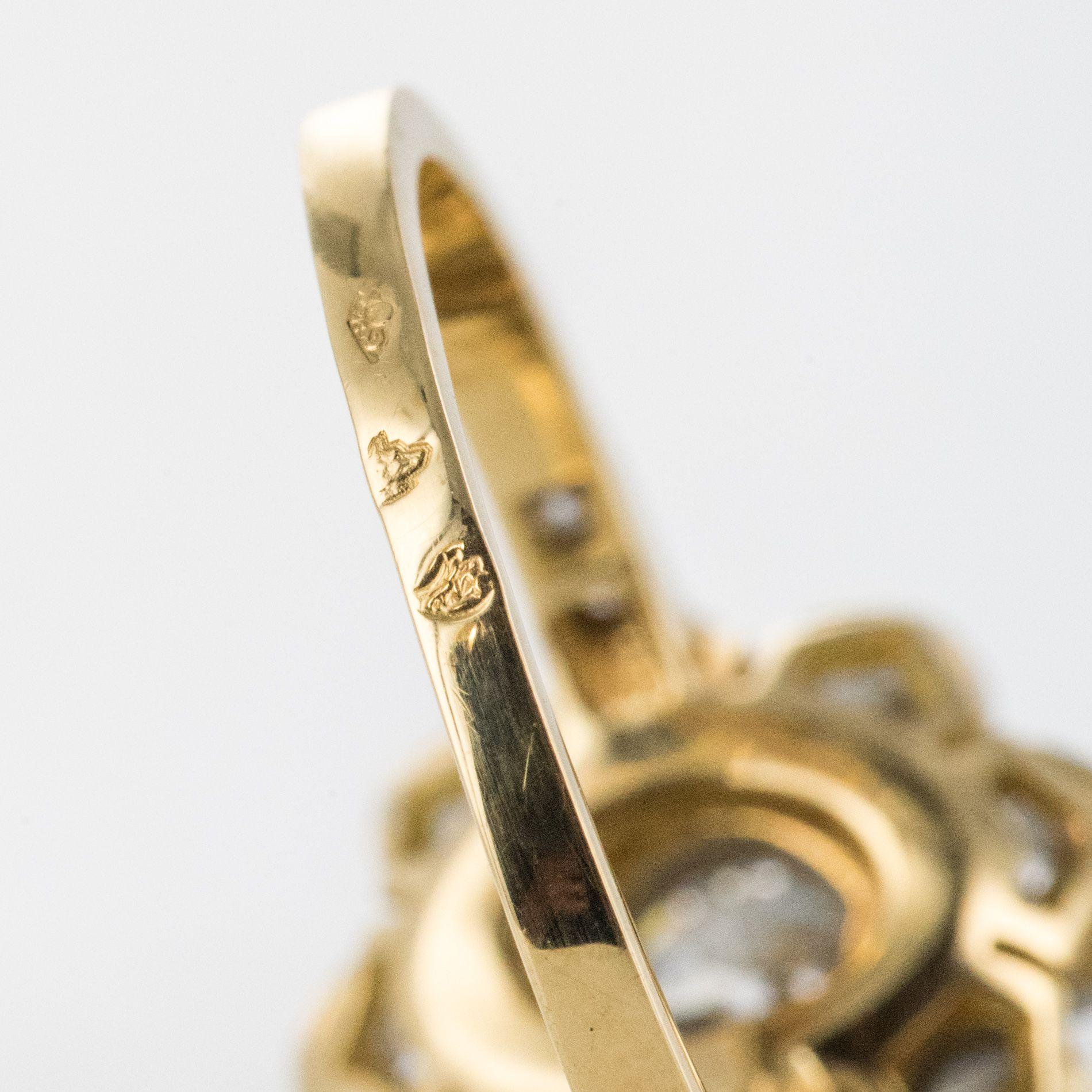 French Brilliant Cut Diamond Gold Platinum Cluster Engagement Ring For Sale 6