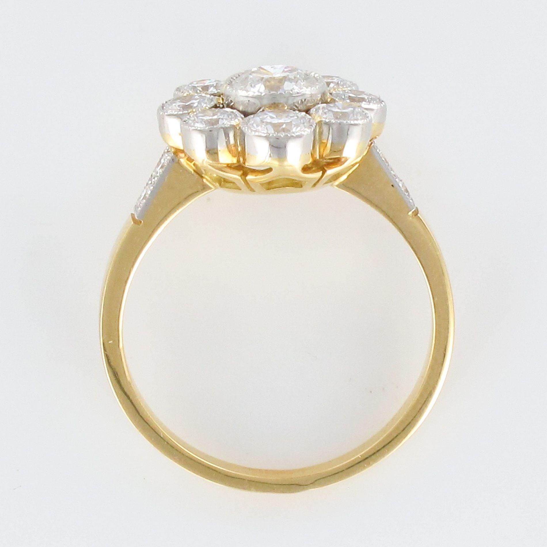 French Brilliant Cut Diamond Gold Platinum Cluster Engagement Ring For Sale 7