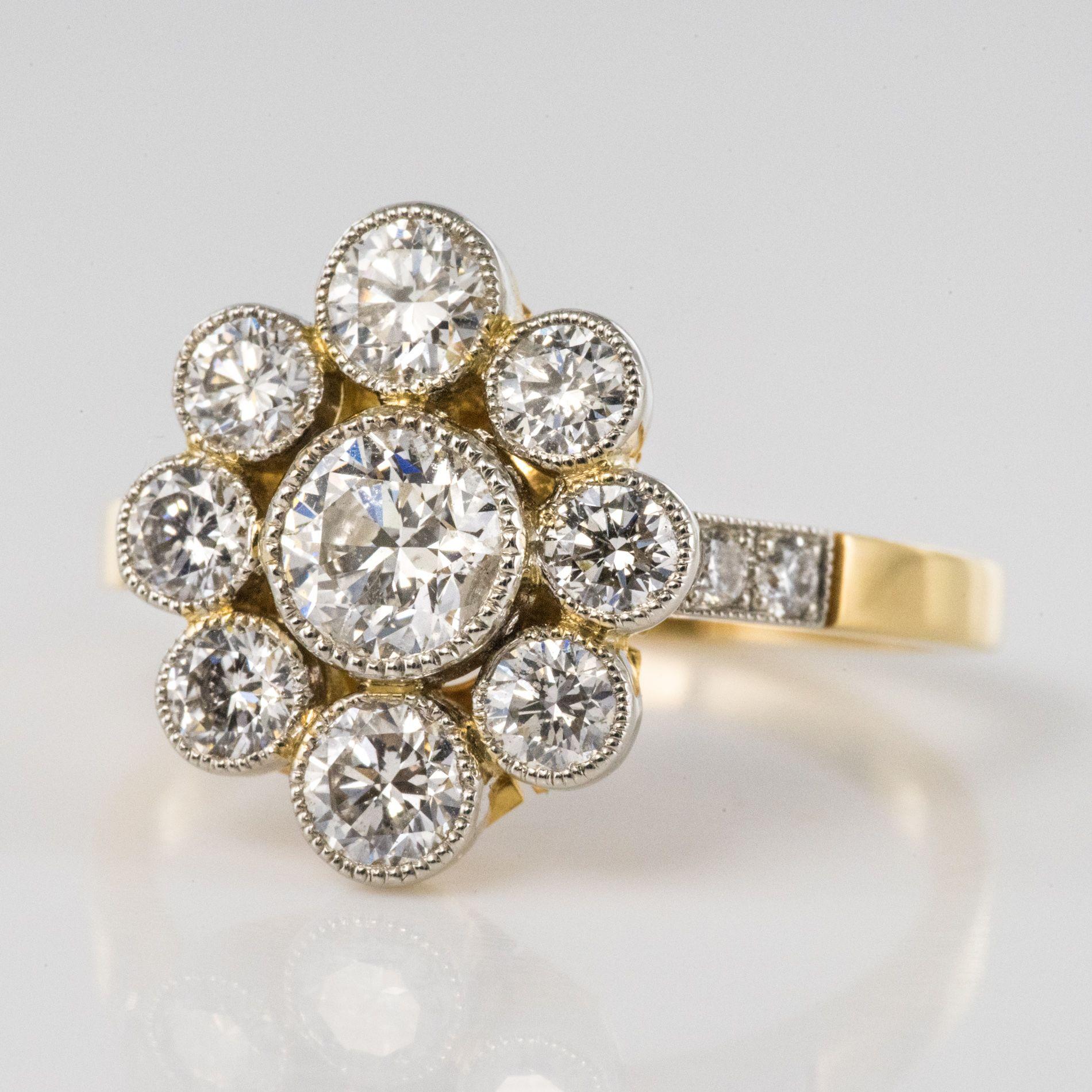 Modern French Brilliant Cut Diamond Gold Platinum Cluster Engagement Ring For Sale