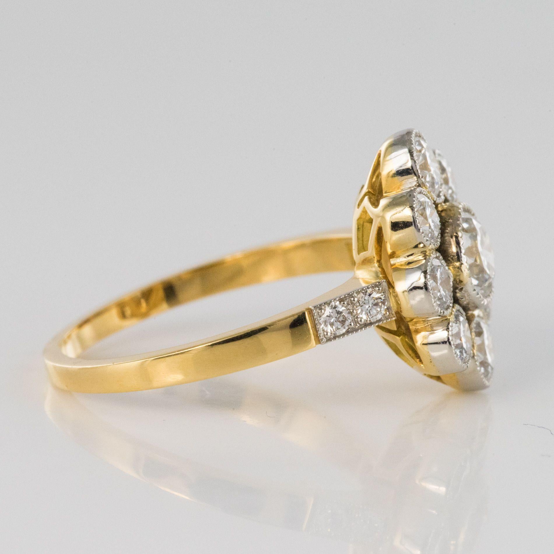French Brilliant Cut Diamond Gold Platinum Cluster Engagement Ring In New Condition For Sale In Poitiers, FR