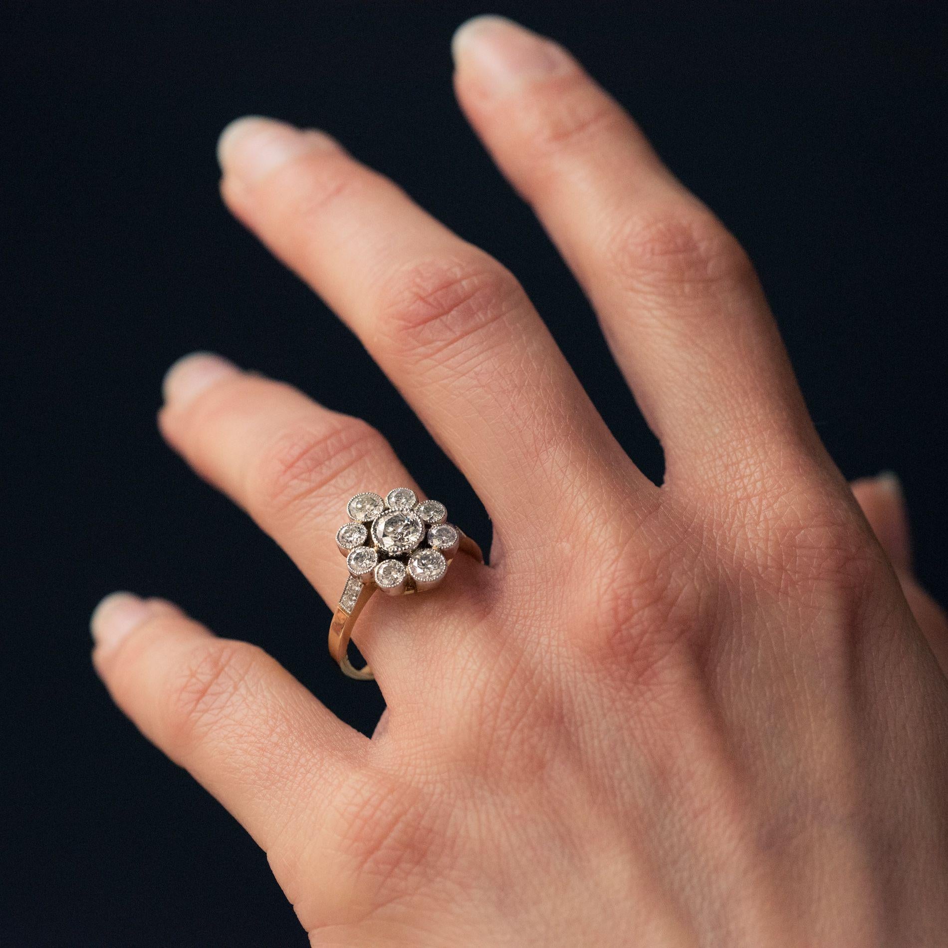 Women's French Brilliant Cut Diamond Gold Platinum Cluster Engagement Ring For Sale