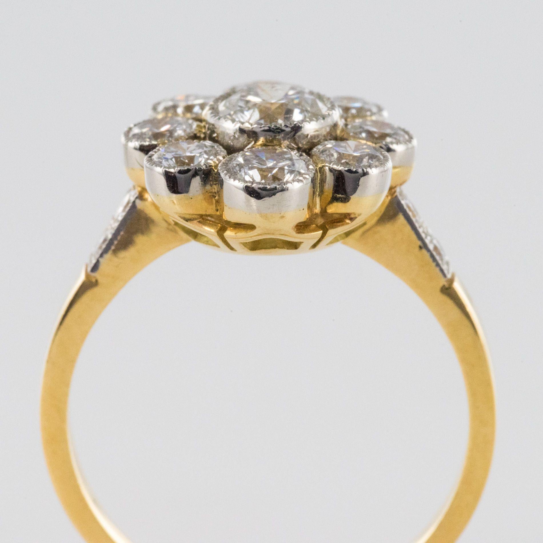 French Brilliant Cut Diamond Gold Platinum Cluster Engagement Ring In New Condition In Poitiers, FR