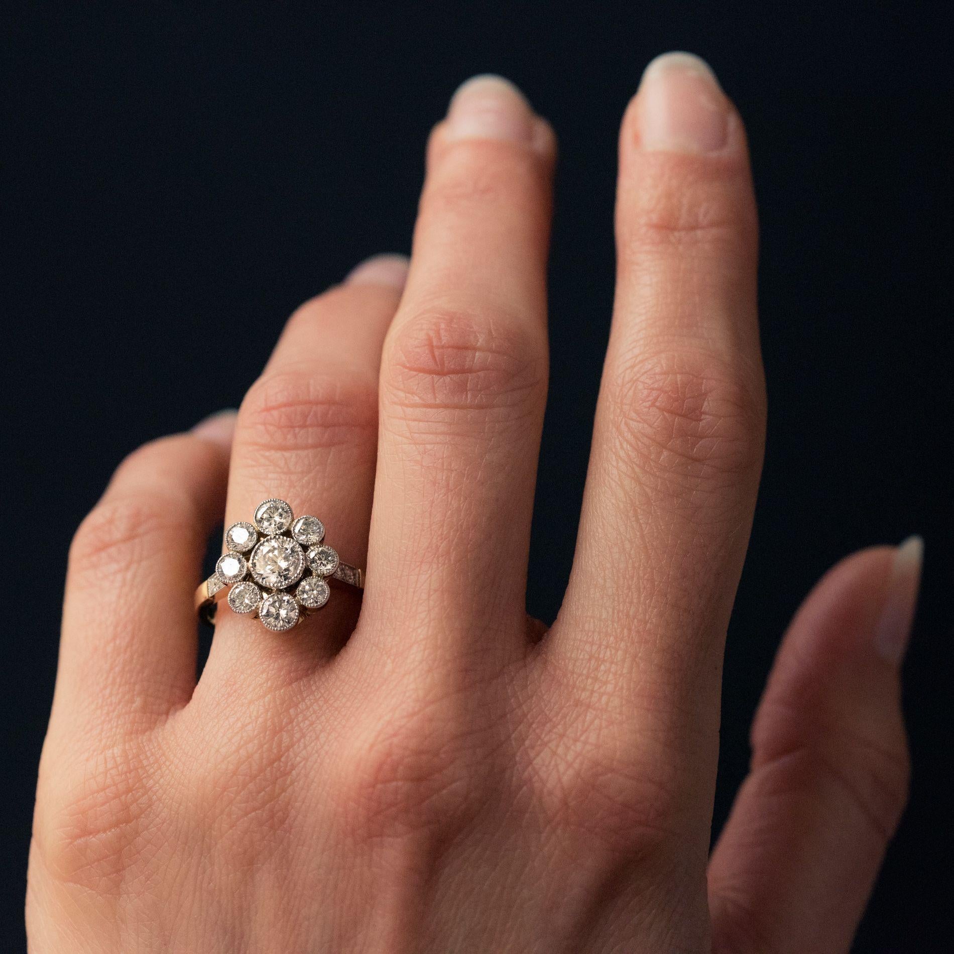 French Brilliant Cut Diamond Gold Platinum Cluster Engagement Ring For Sale 2