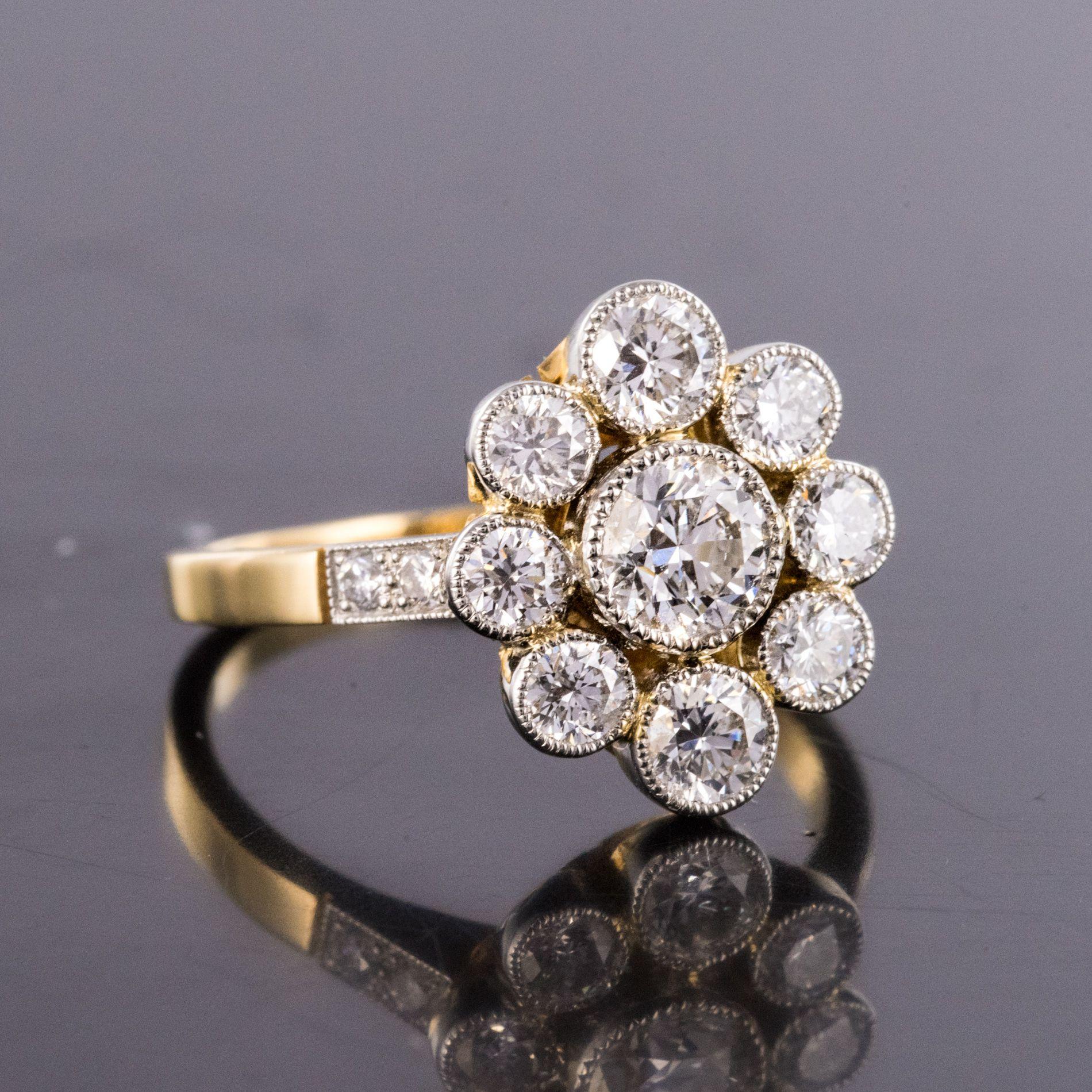 French Brilliant Cut Diamond Gold Platinum Cluster Engagement Ring 1