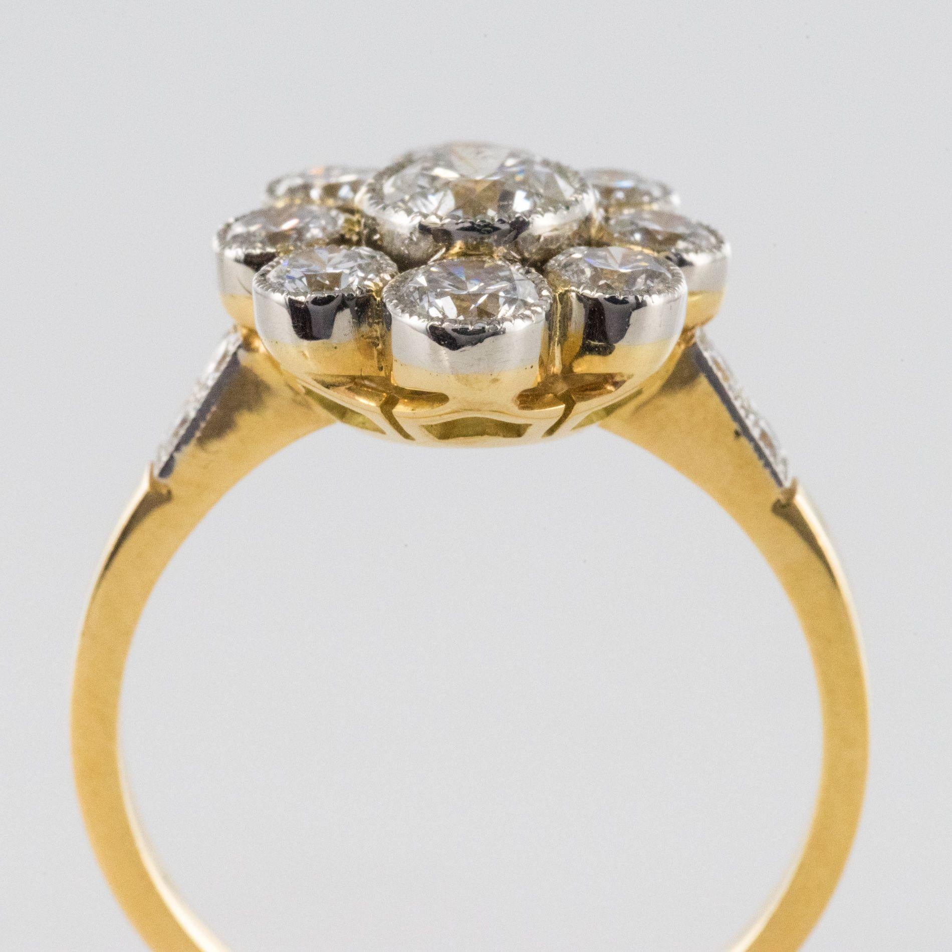 French Brilliant Cut Diamond Gold Platinum Cluster Engagement Ring For Sale 3