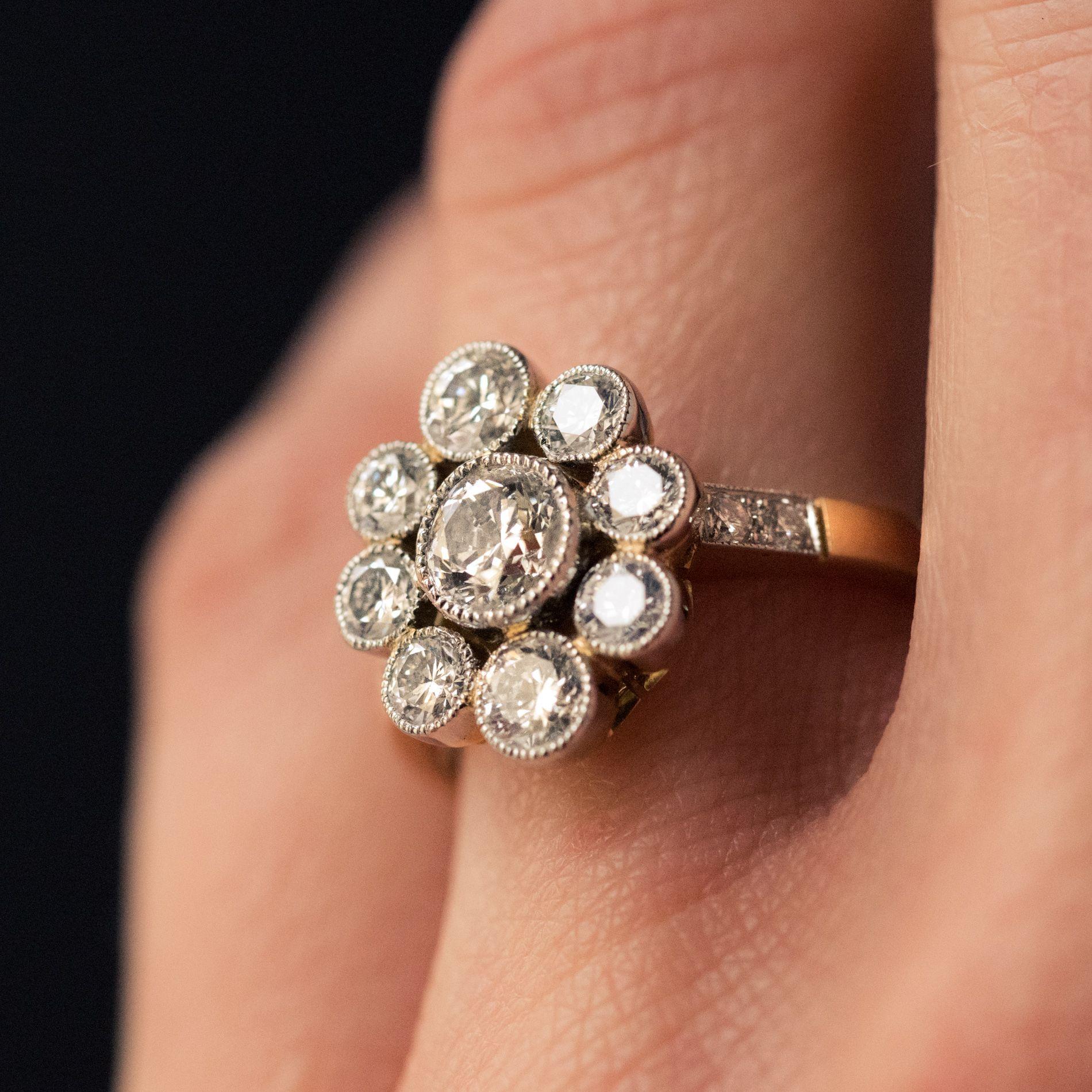 French Brilliant Cut Diamond Gold Platinum Cluster Engagement Ring For Sale 4