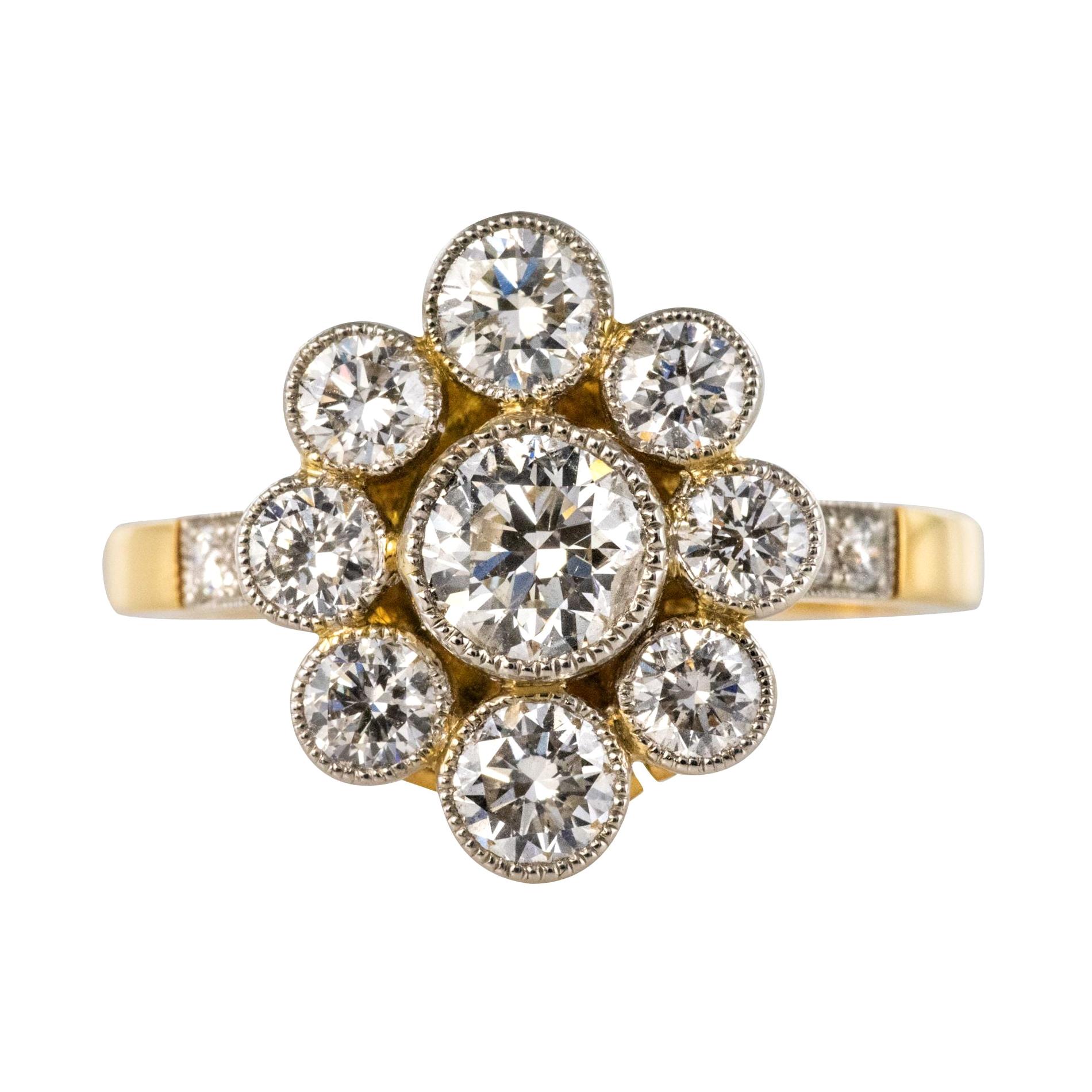 French Brilliant Cut Diamond Gold Platinum Cluster Engagement Ring