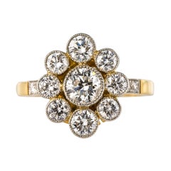 French Brilliant Cut Diamond Gold Platinum Cluster Engagement Ring