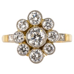 French Brilliant Cut Diamond Gold Platinum Cluster Engagement Ring