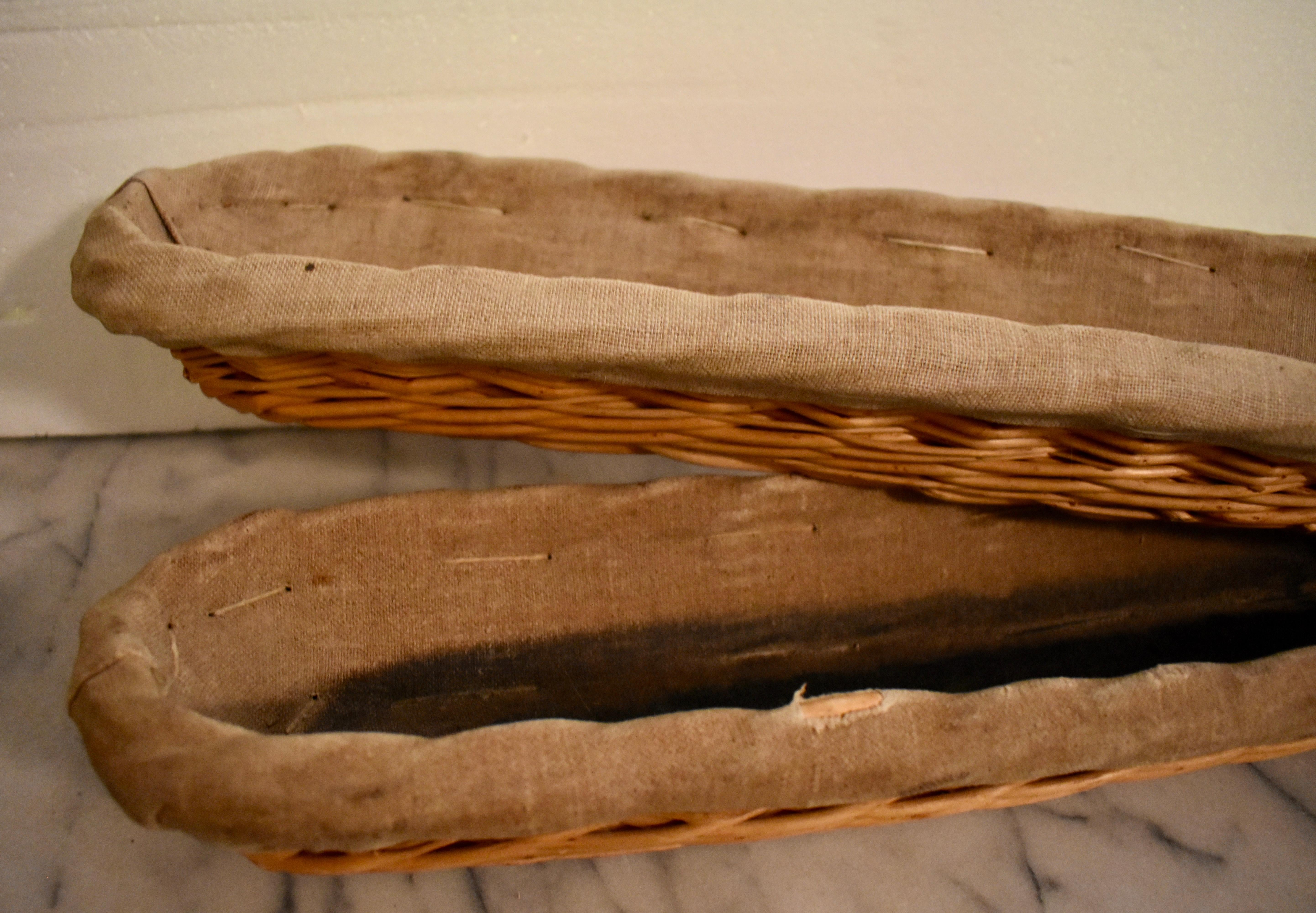 French Provincial French Brittany Boulangerie Baguette Linen Lined Proving Basket, circa 1900