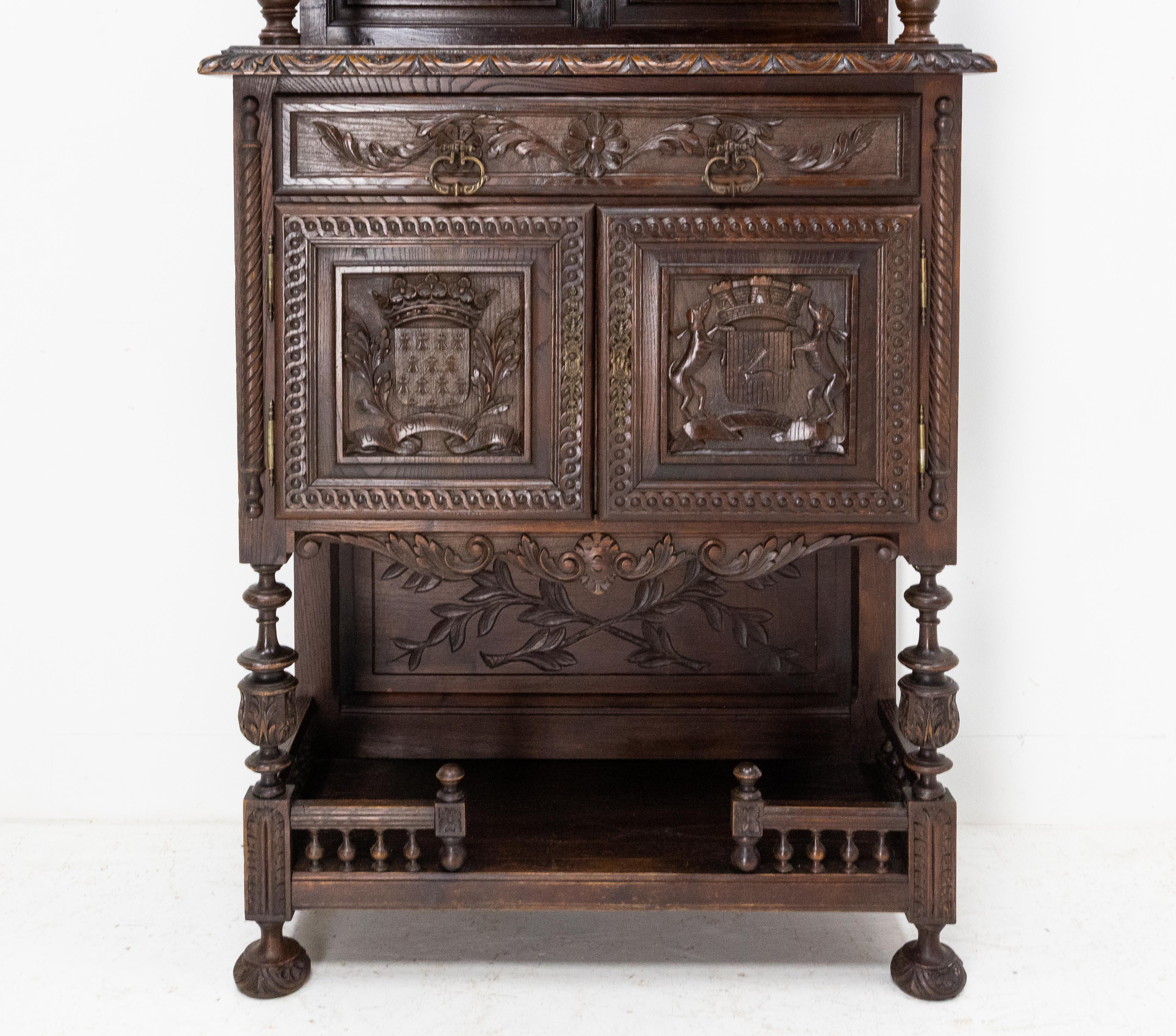 Chestnut French Brittany Dressoir Buffet Chesnut Cabinet with Blazons, Late 19th Century