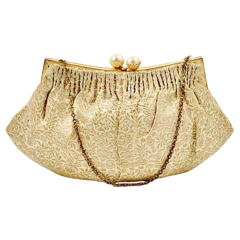 French Brocade and Faux Pearl Bag with Gold Plated Fittings For