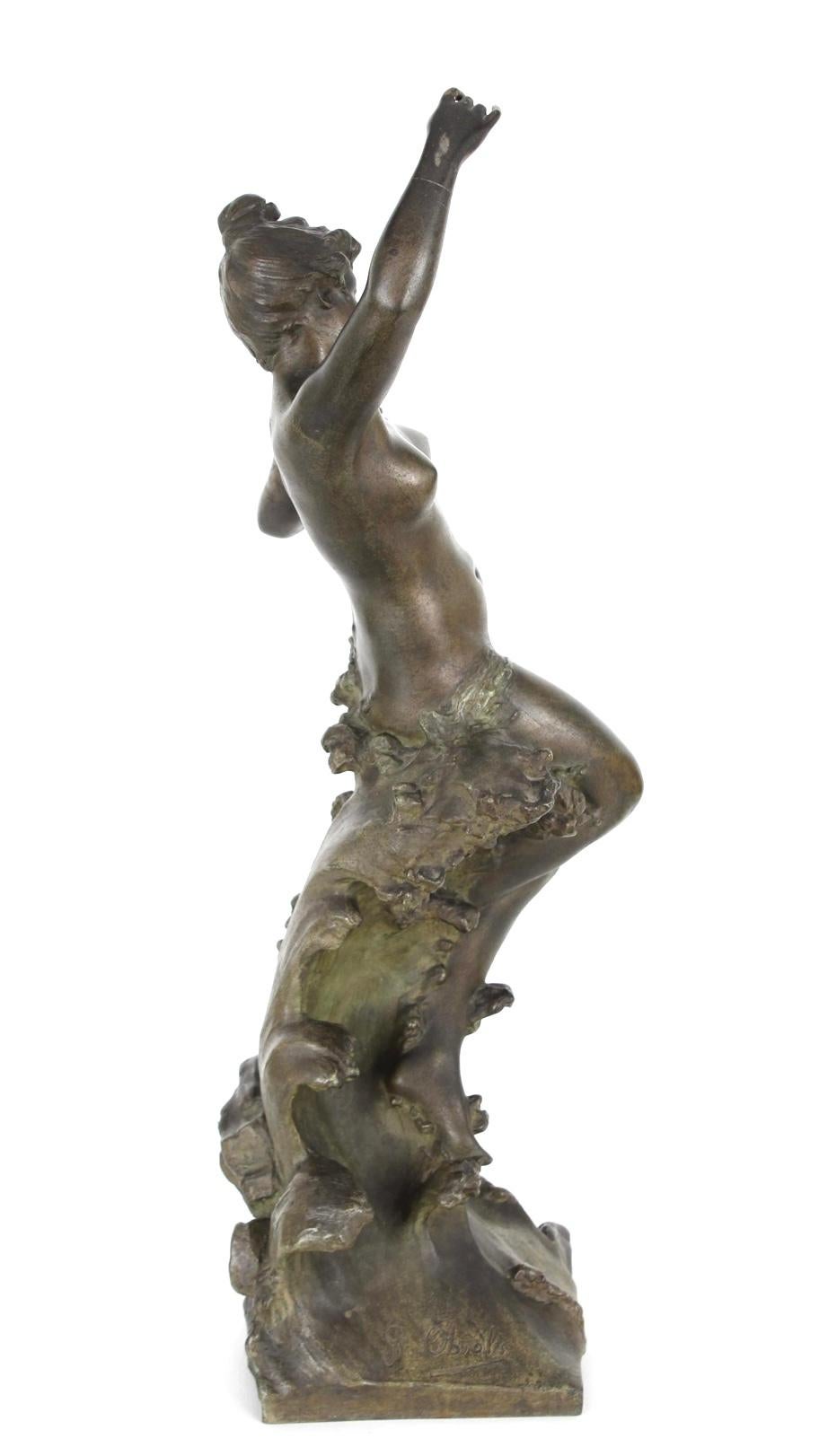 Art Deco French Bronz Sculpture of Sea Nymph After Gustavo Obiols (1858-1910) For Sale