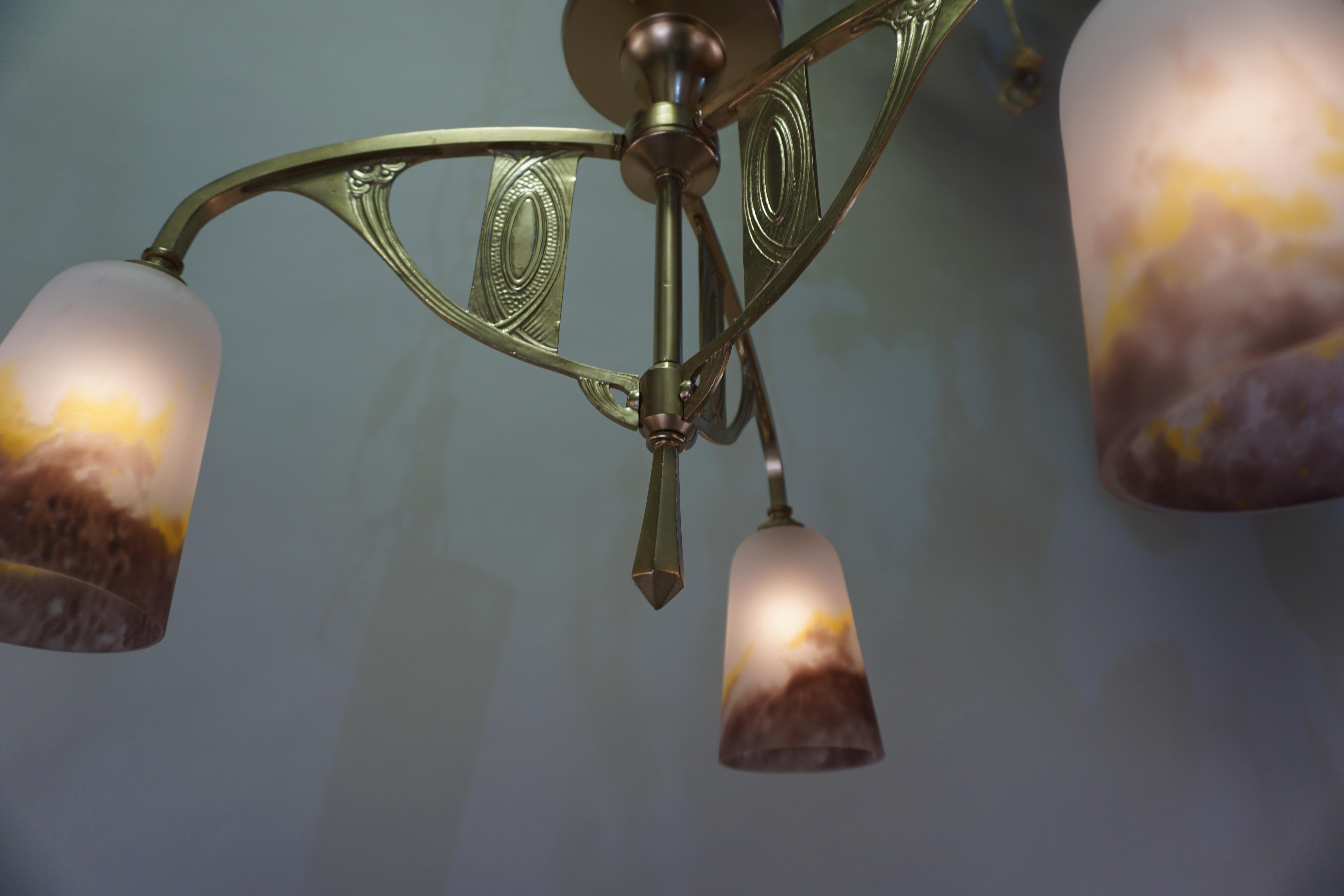 Early 20th Century French Bronze 1920s Semi Flush Chandelier
