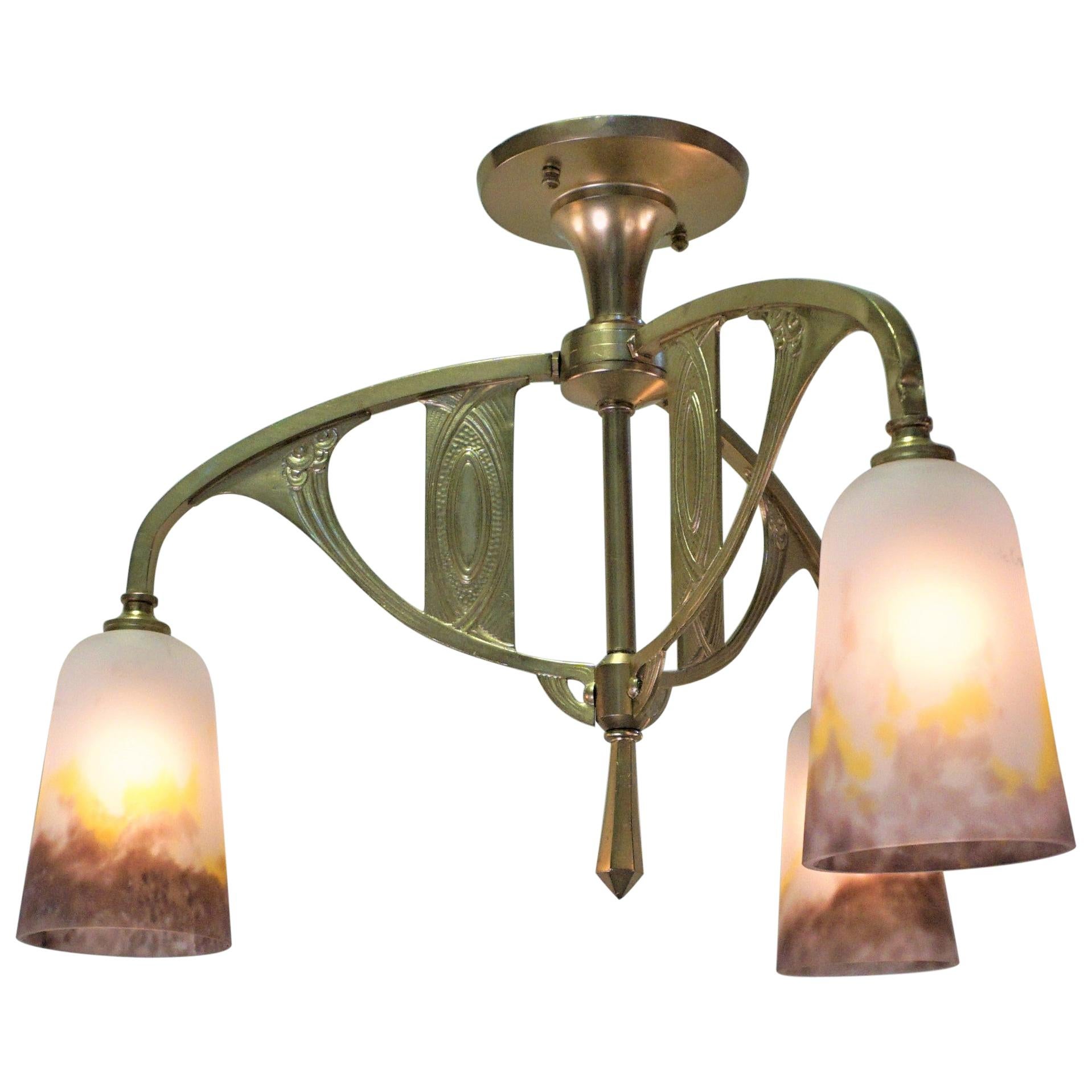 French Bronze 1920s Semi Flush Chandelier