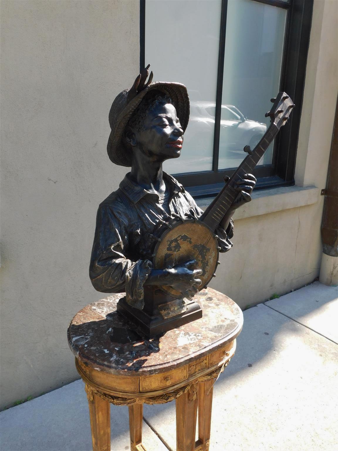 Folk Art French Bronze African American Boy Playing Banjo 
