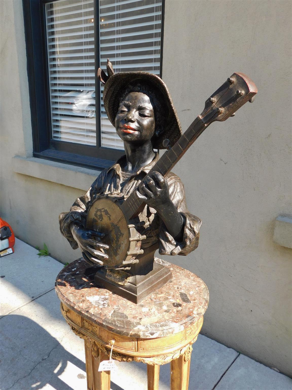 Cast French Bronze African American Boy Playing Banjo 