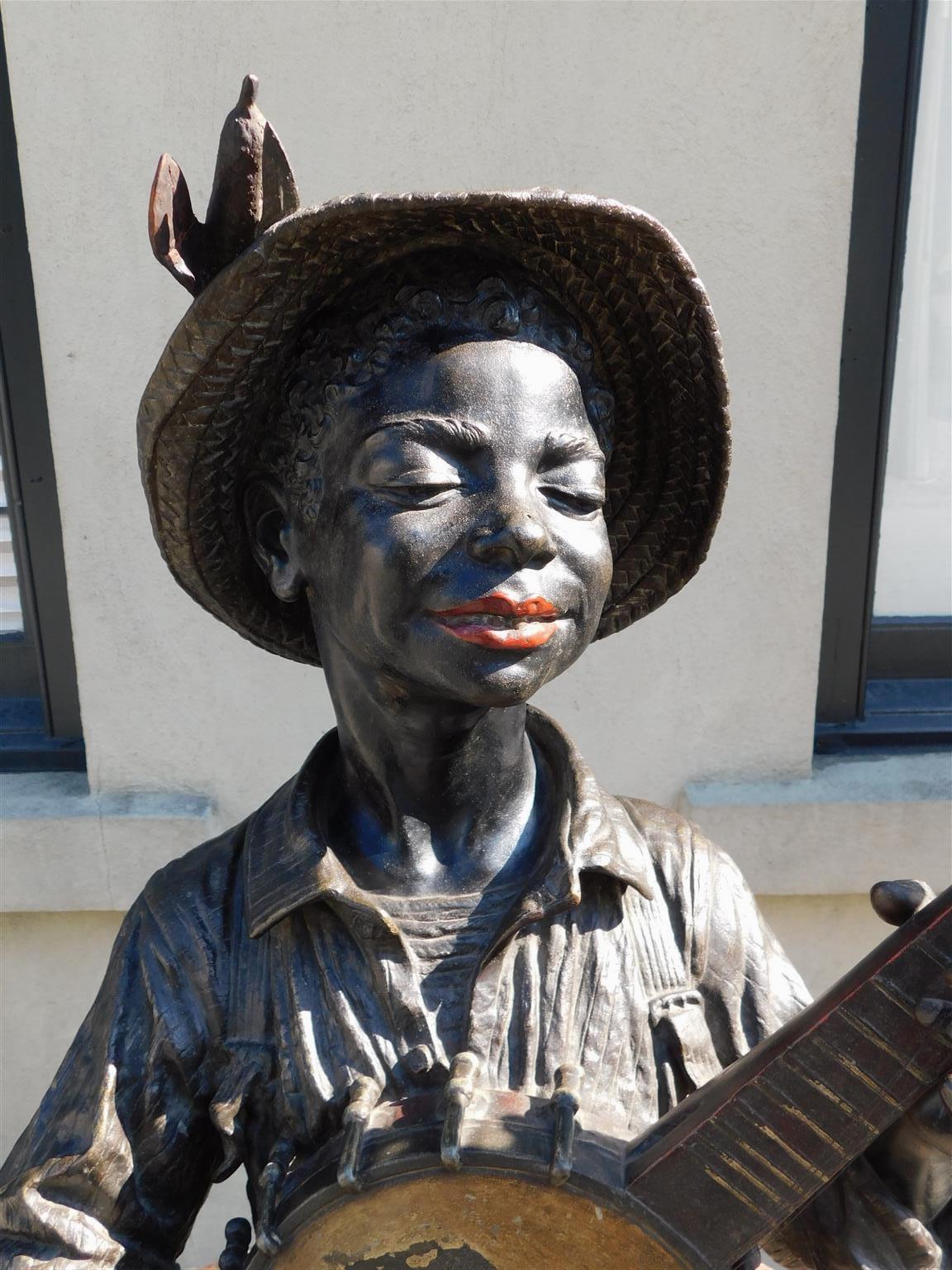 French Bronze African American Boy Playing Banjo 