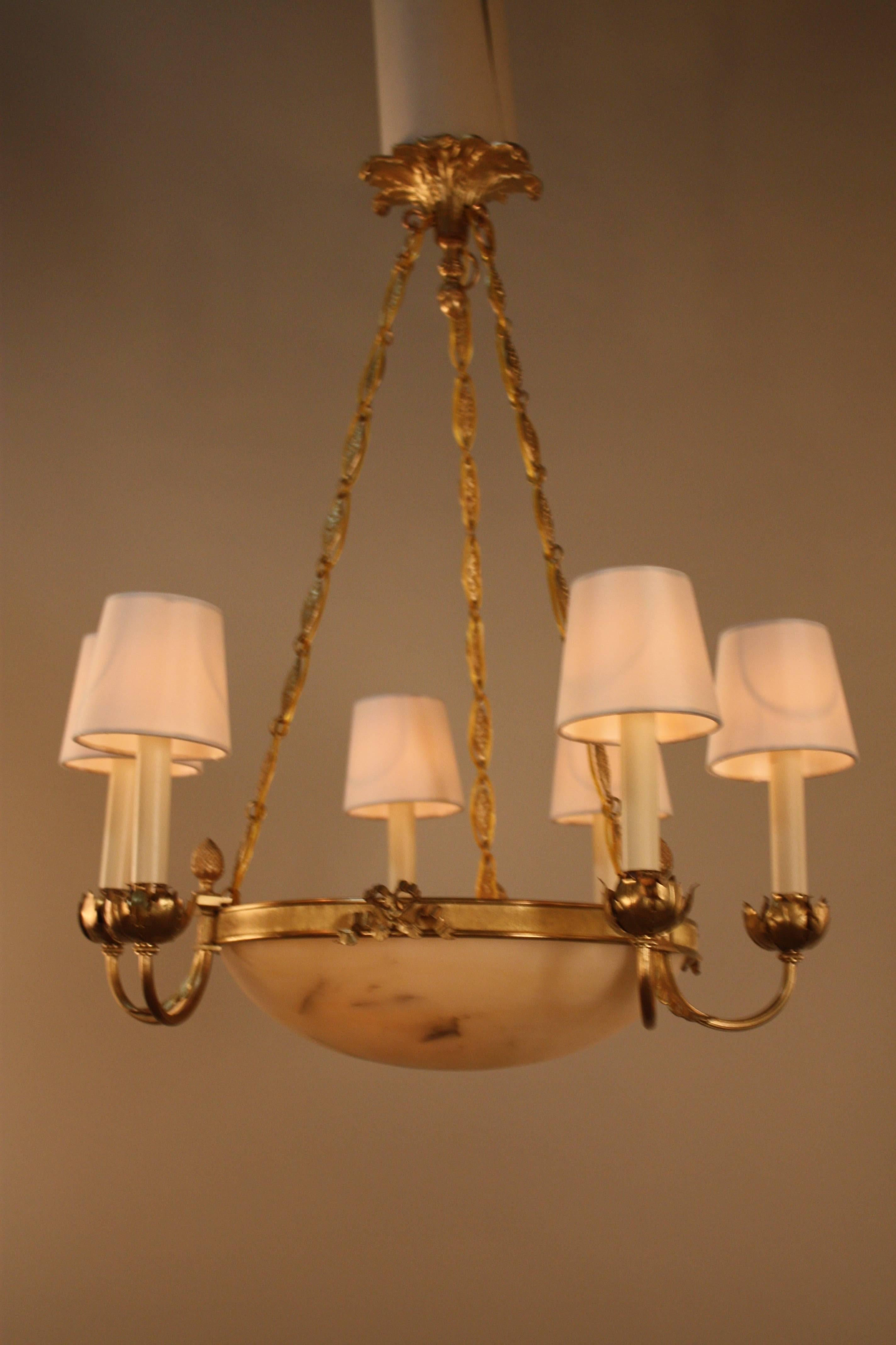 Mid-20th Century French Bronze and Alabaster Chandelier