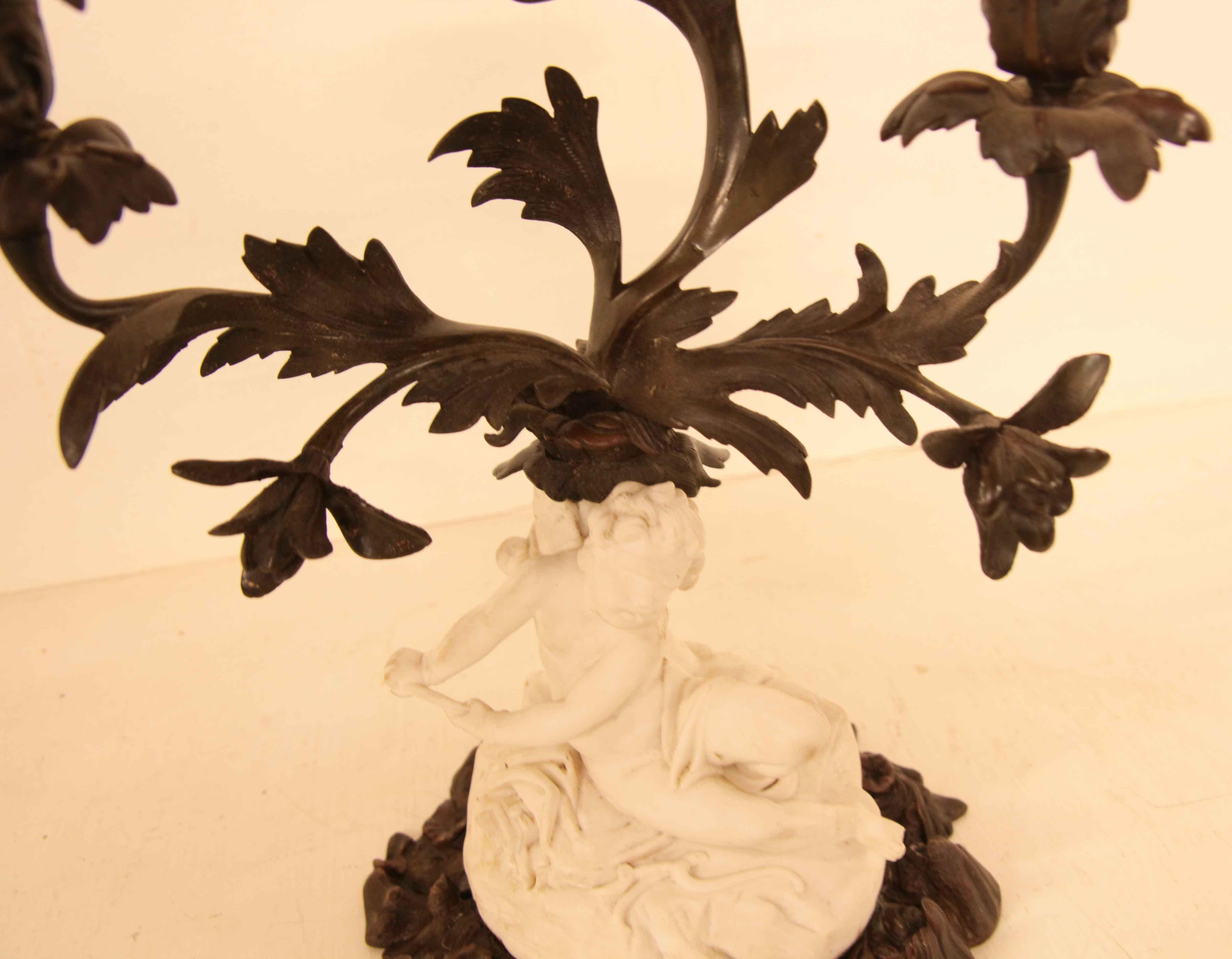 French Bronze and Bisque Candelabra For Sale 5