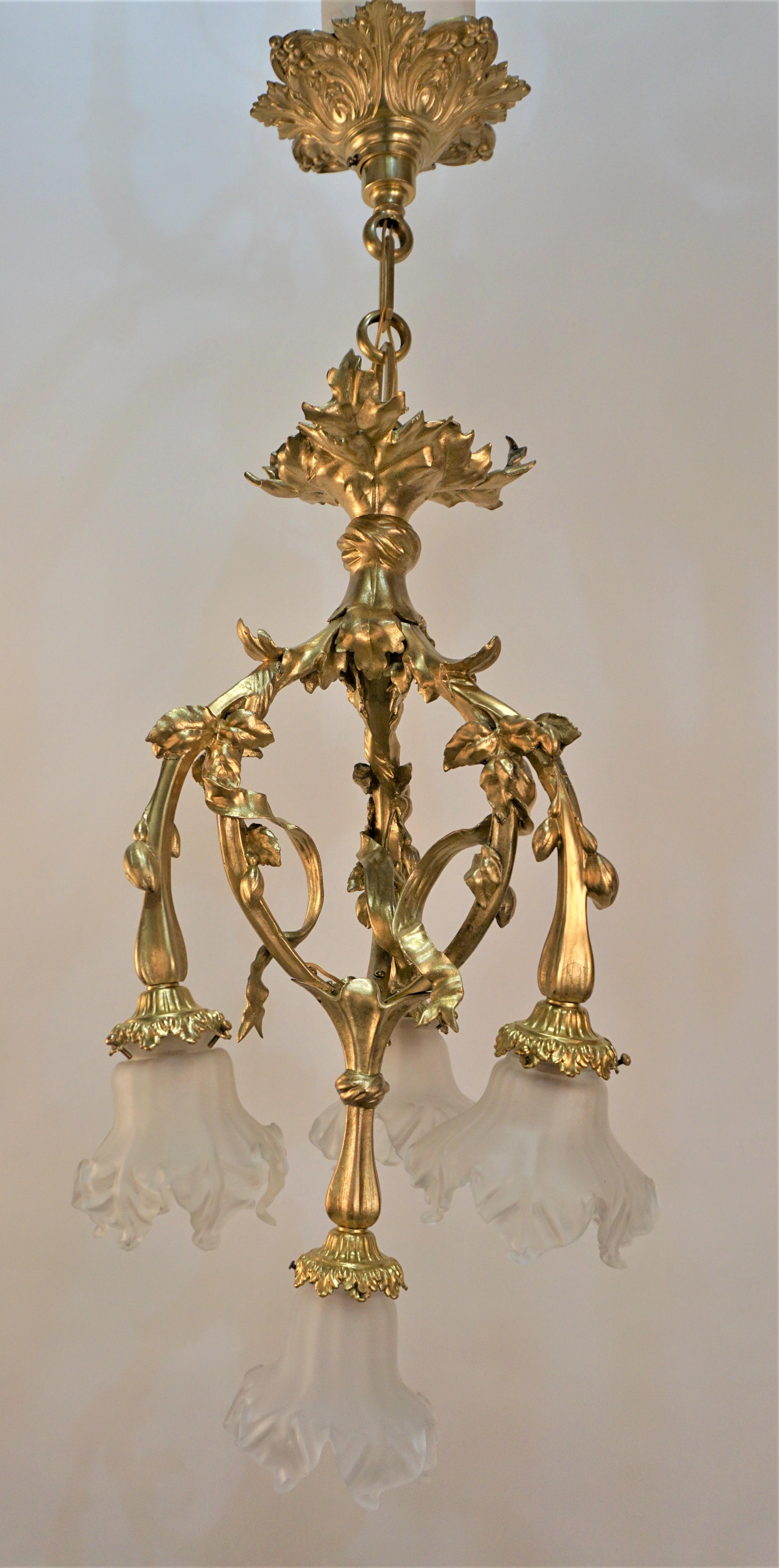 French Bronze and Blown Glass Art Nouveau Chandelier For Sale 7