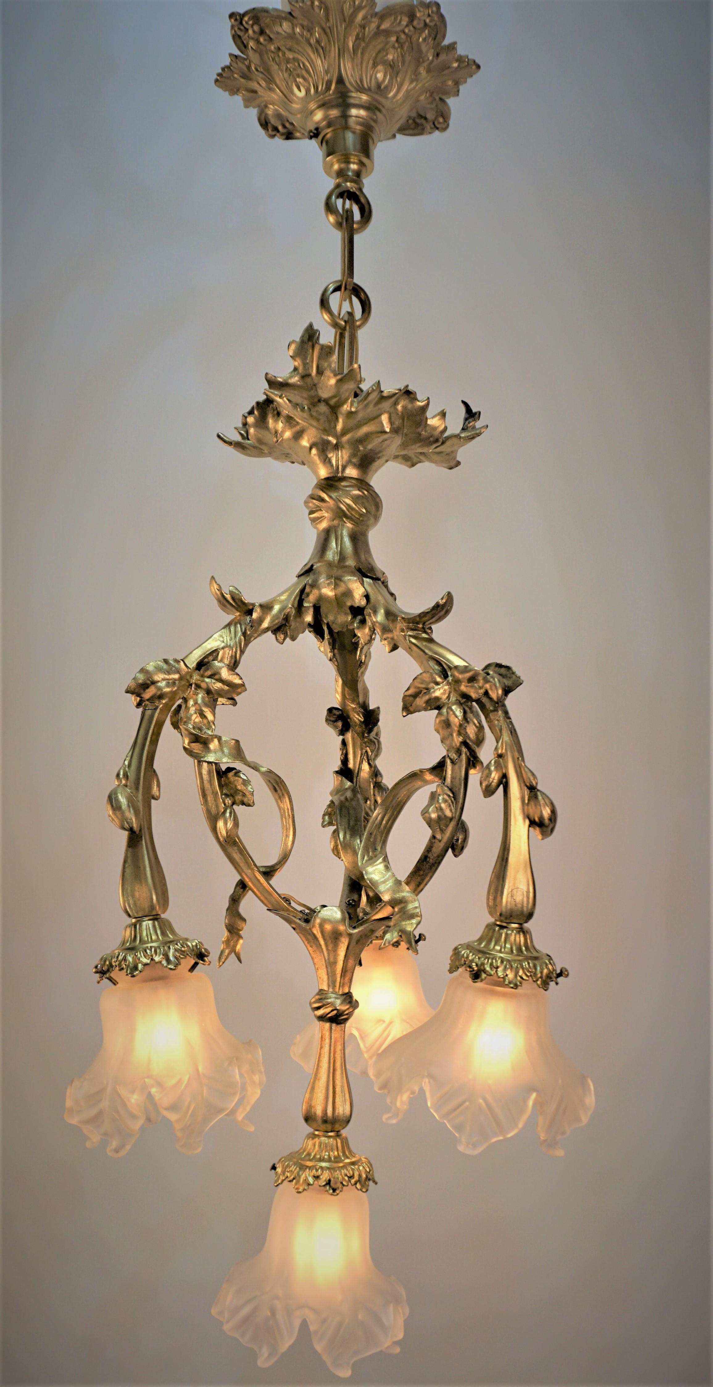 French circle 1900 bronze art nouveau chandelier with blown glass shades.
Professionally rewired and ready for installation. 