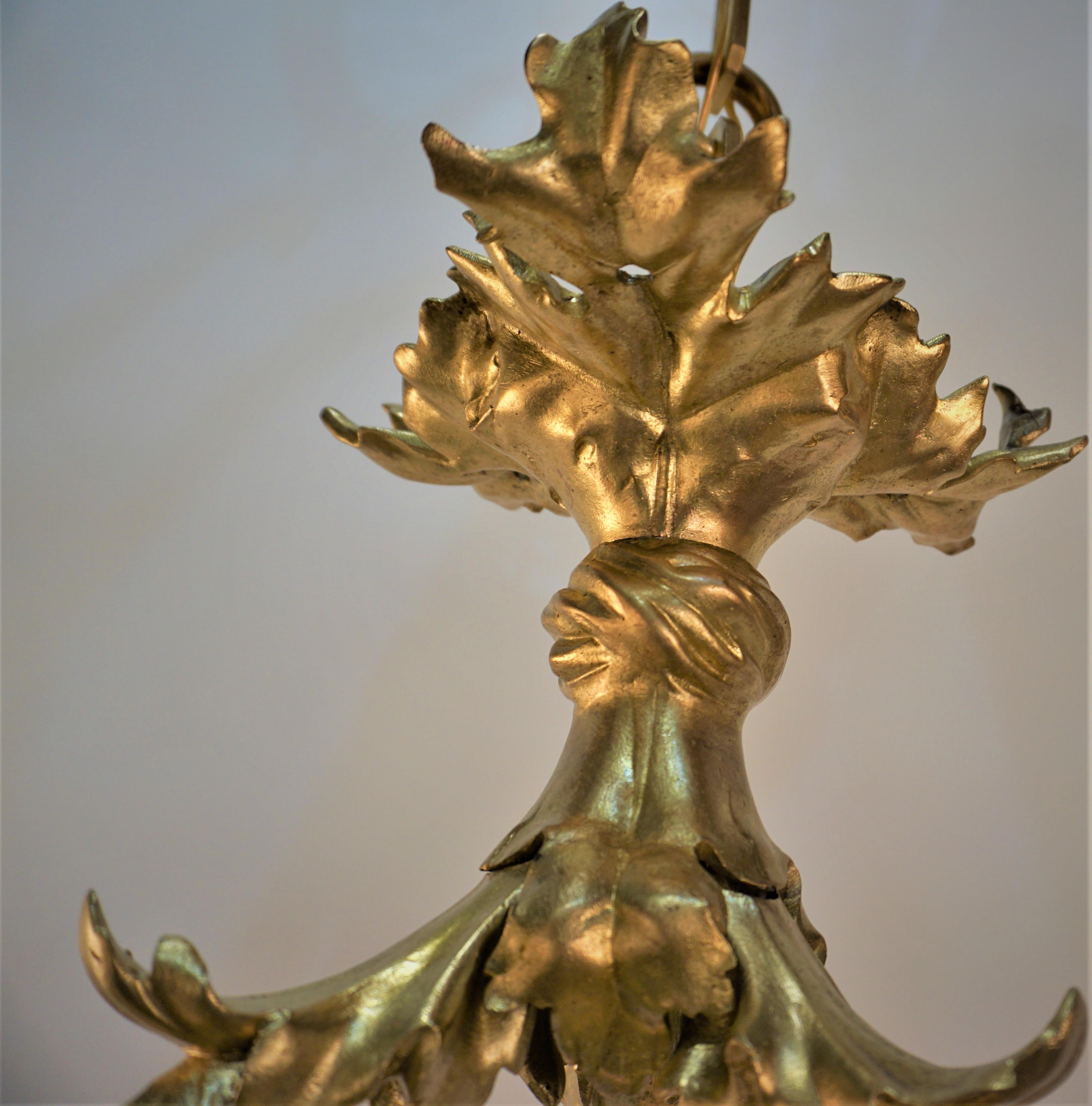 French Bronze and Blown Glass Art Nouveau Chandelier For Sale 2