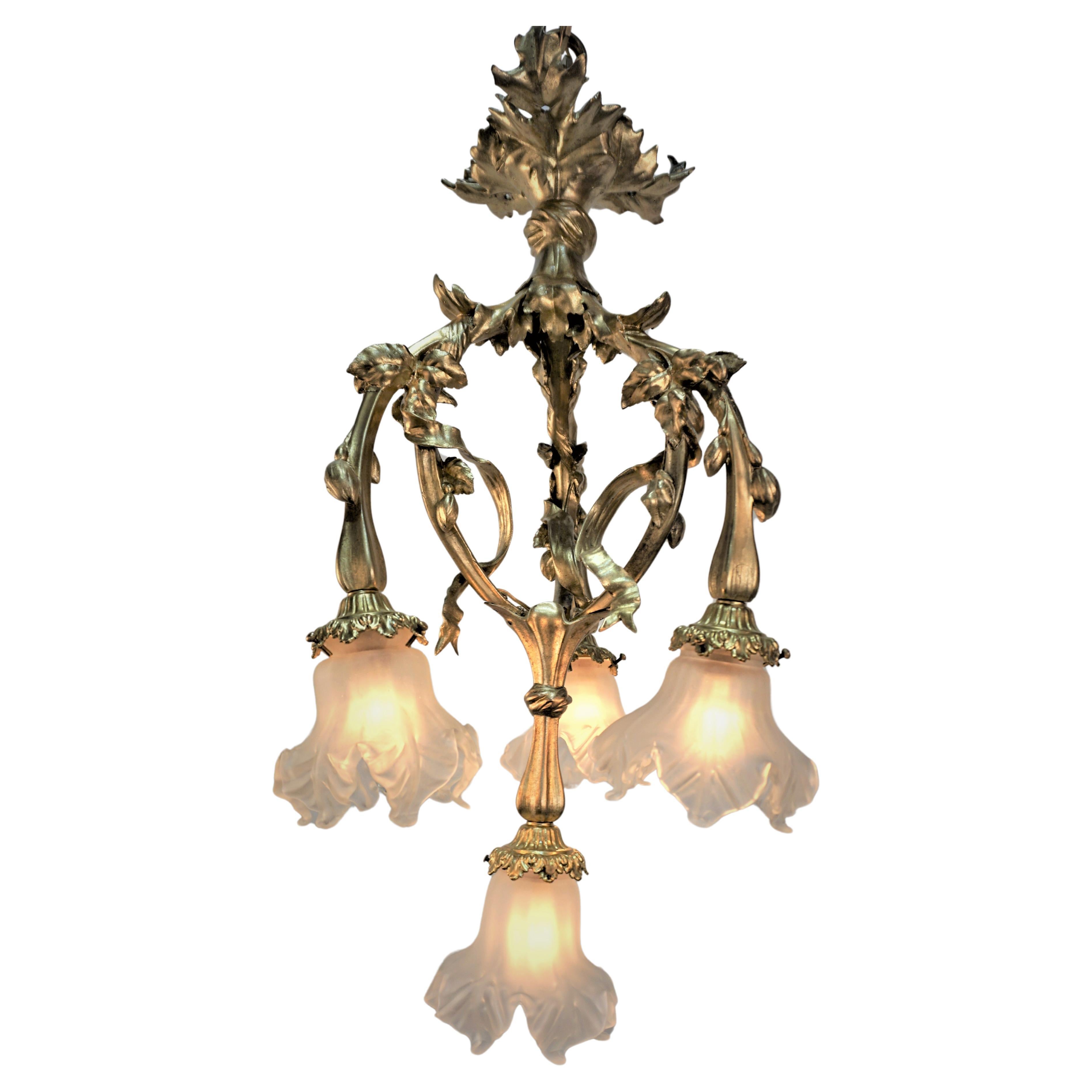 French Bronze and Blown Glass Art Nouveau Chandelier