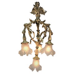 French Bronze and Blown Glass Art Nouveau Chandelier