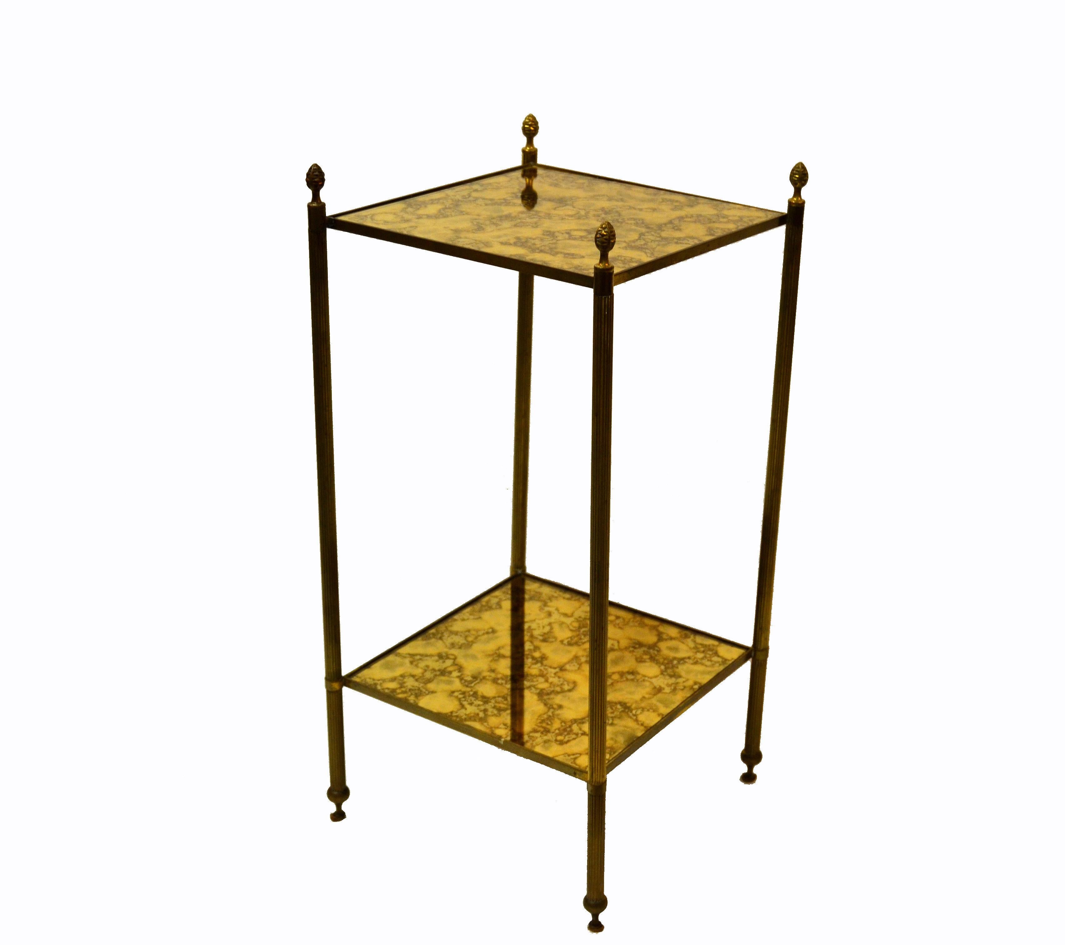 Original  Pair of Maison Baguès neoclassical brass square side table with two mirrored antique golden cloudy glass tops.
Space between 1st and 2nd tier, measures: height 17.63 inches.
Priced individually 